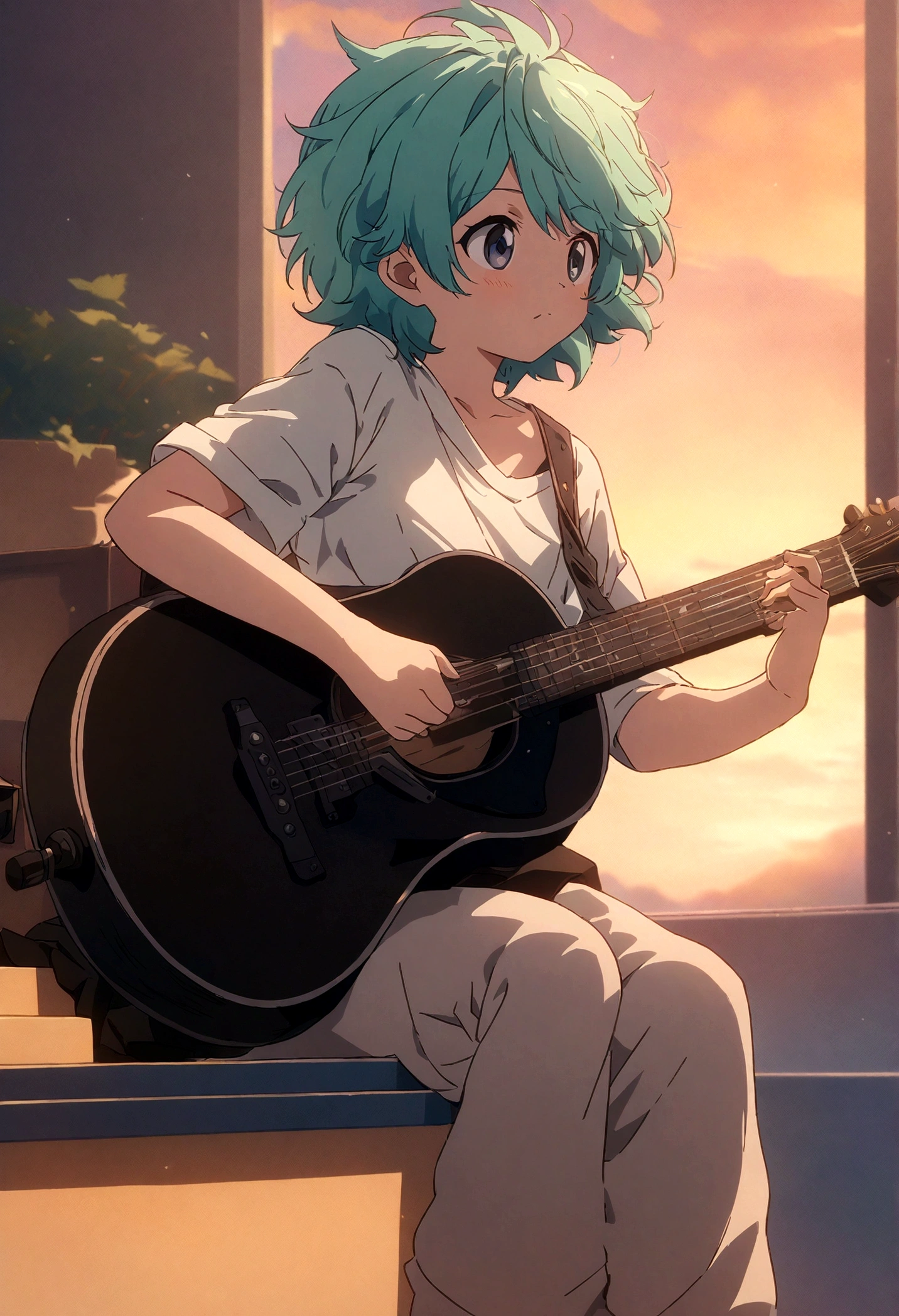 Anime boy sitting on the shelf and playing guitar at sunset, Anime Art Wallpapers 8K, anime art wallpaper 4k, anime art wallpaper 4k, Anime Style 4k, anime wallpaper 4k, anime wallpaper 4k, anime wallpaper 4k, Manga Wallpaper, 4K Wallpaper, Makoto Shinkai Cirilo Rolando, Girl playing guitar, Lo-fi Girl