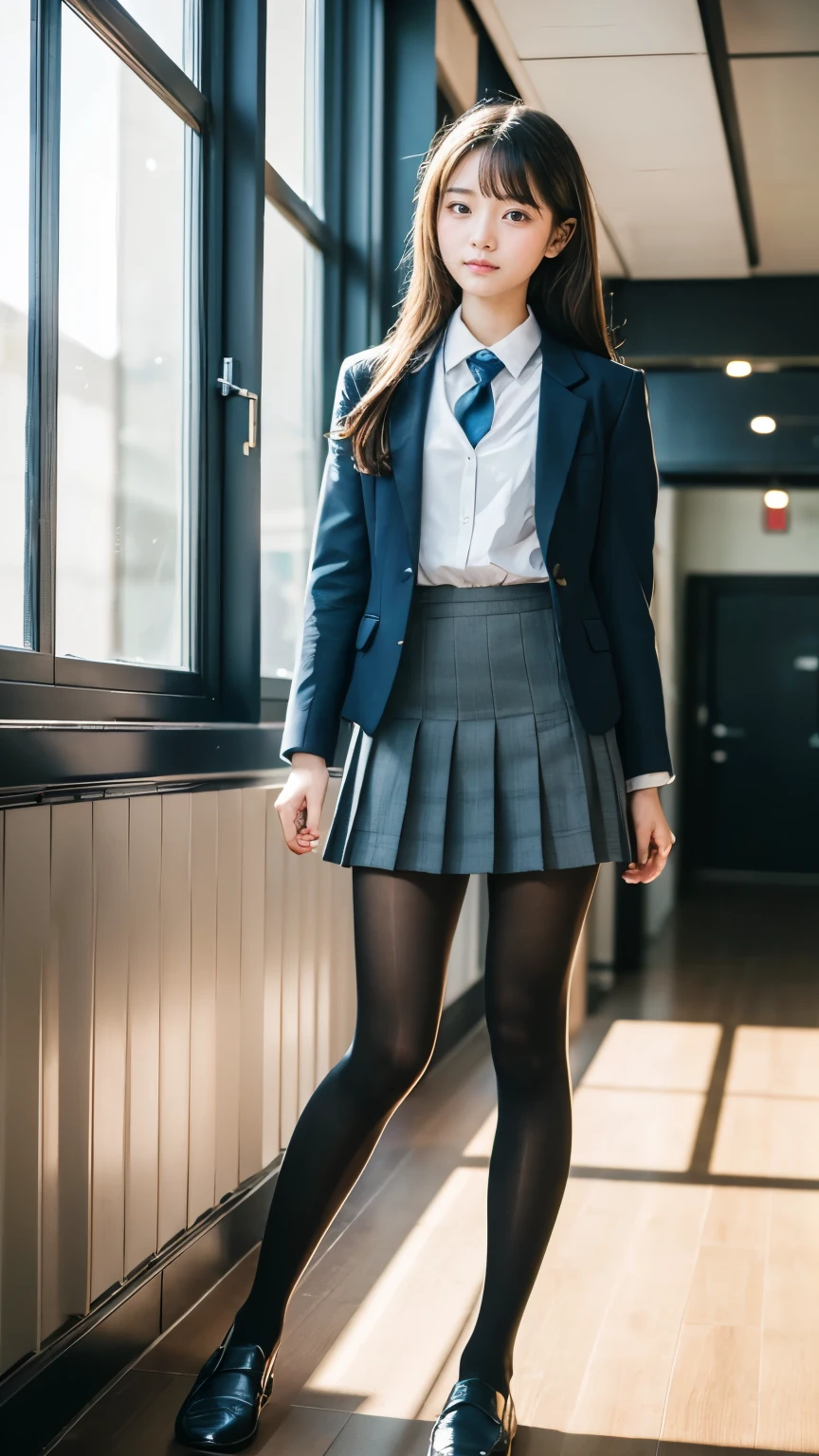 Great quality、8k、flying debris、(RAW Photos:1.4)、High resolution、((Composition away from the subject))、((Full body photo from face to ankles))、((Perfect Anatomy))、1 female 14 years old、Small stature、Detailed skin、Glowing Skin、Baby Face、double eyelid、eyes with long eyelashes、Small face、smile、Open your mouth、Staring out the window in the school hallway、Stretch your back、The windows provide natural light、Realistic school scenery、middle School girl、Blue and grey school bag on shoulder、Slender and delicate body、Small breasts、A blazer uniform with green lines、girl 、Check skirt、healthy、young woman、black tights、black tights、Brown loafers、loafers、Full Body Shot、Beautiful Hairstyles、Accentuates very slim legs