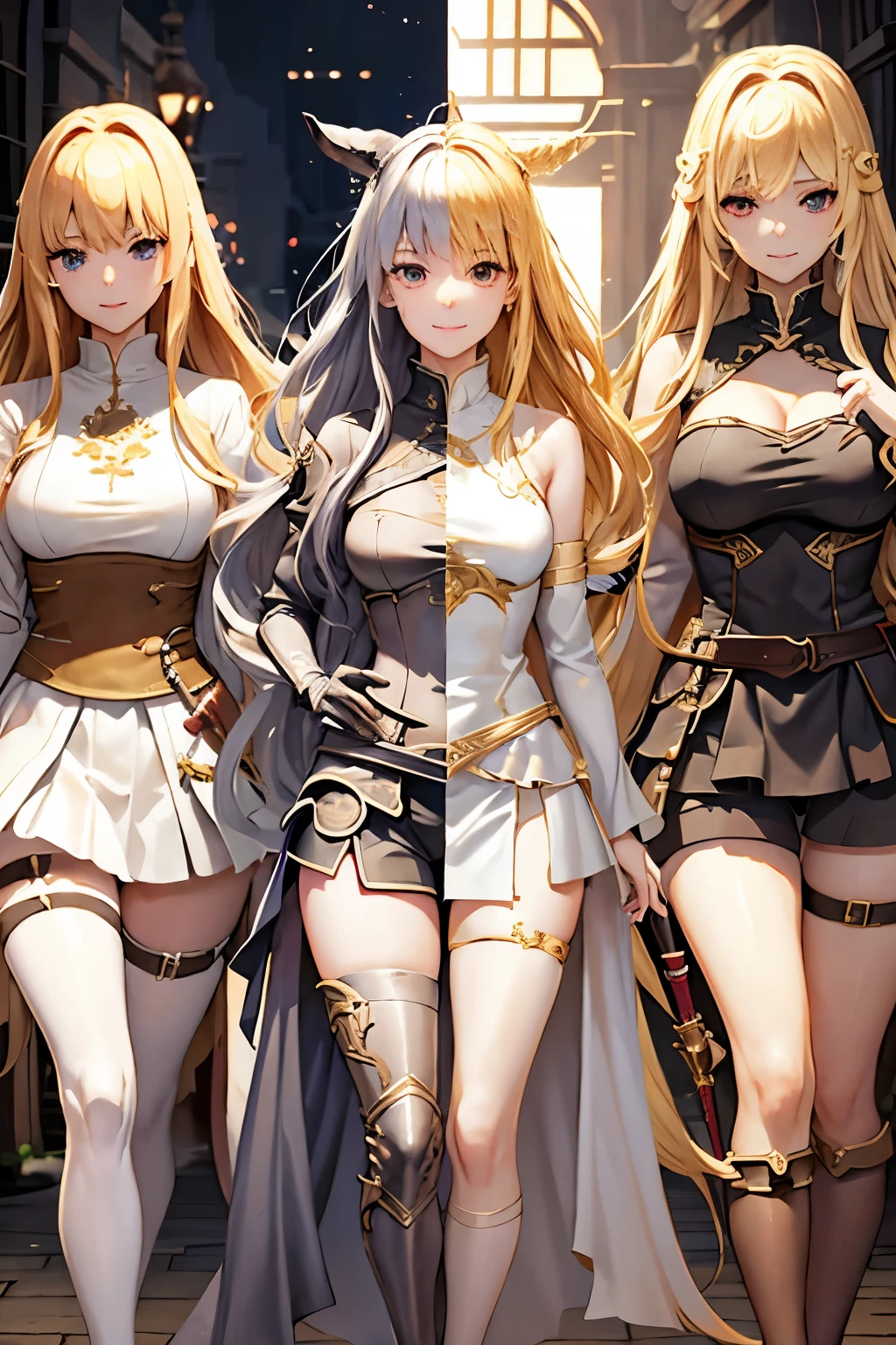（（（highest quality、first-class、masterpiece、Normal body、8k、Detailed face、Ultra-precision、Normal hand、Normal finger、５Finger、Highest）））、２people、beautiful girl、Adele&Alisha、Relatives and friends、Adele（（Height: 163cm、Silver-haired semi-long、Beautiful Swordswoman、Japanese sword、Carrying a sword、A warm smile、Easygoing、Healing、Ridiculous Costumes、No sleeve、High leg leotard、mini skirt））、Alisha（（Height: 155cm、Long blonde、Beautiful Girl Gunner、gun、Magnum、holster、gun belt、cool、Calm、Smile、Sexy Costumes、Mesh tops、spats、Shorts））、Stand side by side、partner、Dungeons、maze