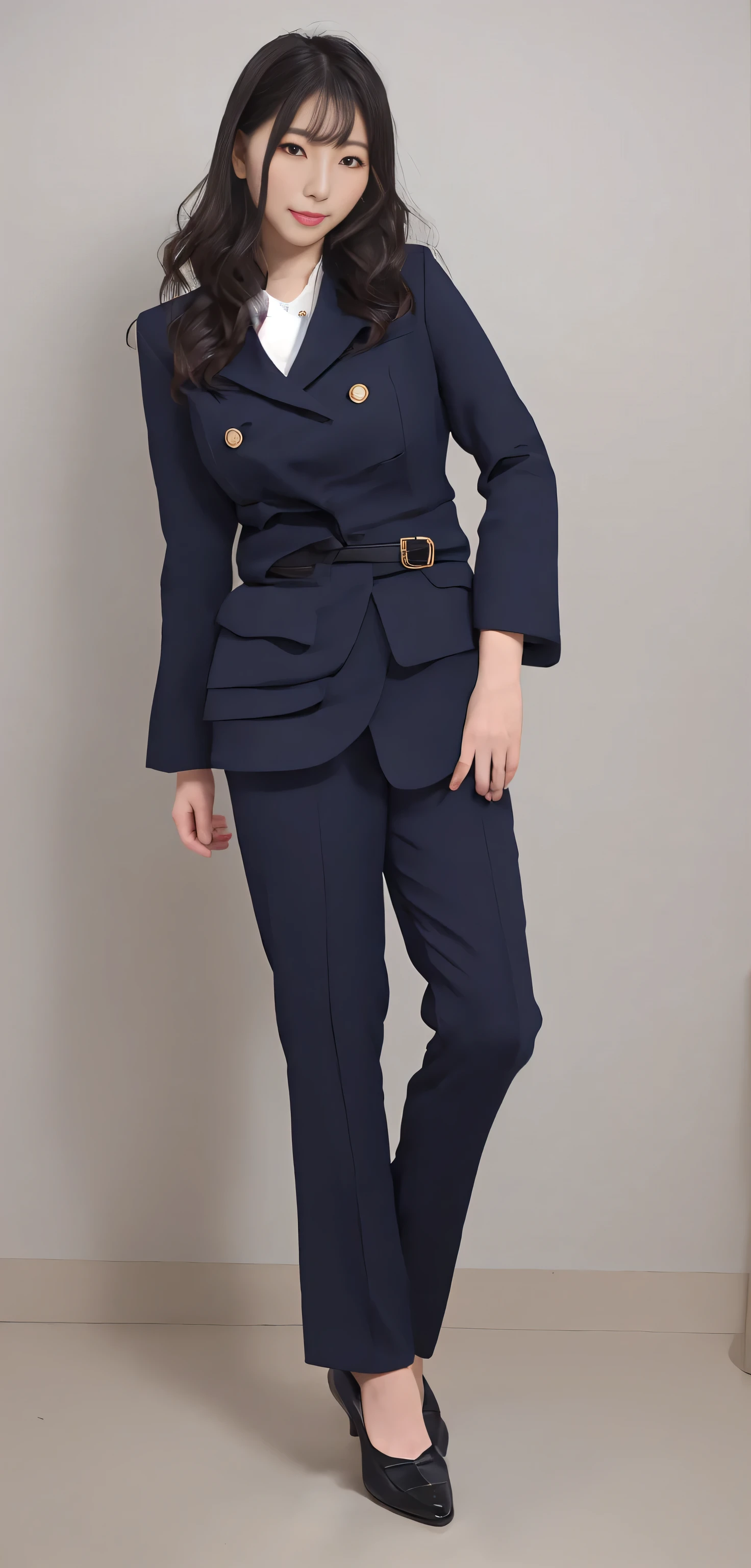 ((high resolution, 最high resolution, 8k, RAW images))Japanese ID, Mature Woman, Wavy black hair with no bangs, Long Hair:1.65, Flashy makeup, Fuller lips, Sexy Gaze, Cute Uniform, looking at the camera, Low angle shooting, Cute duck lips,((Very accurate and correct anatomy)), (masterpiece:1.45), Perfect balance, Realistic photos, Full Shot, whole body, ((height: 148cm)), High heels, loafers, (2 Foot, Two Arms), ((Panty shot)),Big Breasts:1.95
