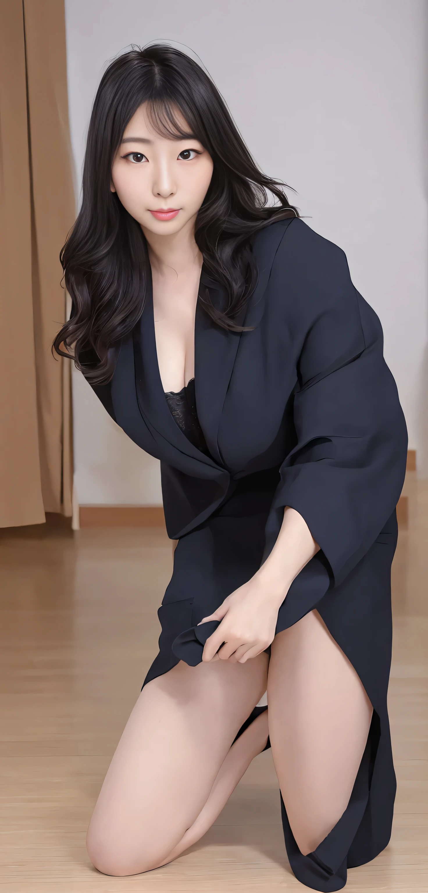 ((high resolution, 最high resolution, 8k, RAW images))Japanese ID, Mature Woman, Wavy black hair with no bangs, Long Hair:1.65, Flashy makeup, Fuller lips, Sexy Gaze, Cute Uniform, looking at the camera, Low angle shooting, Cute duck lips,((Very accurate and correct anatomy)), (masterpiece:1.45), Perfect balance, Realistic photos, Full Shot, whole body, ((height: 148cm)), High heels, loafers, (2 Foot, Two Arms), ((Panty shot)),Big Breasts:1.95
