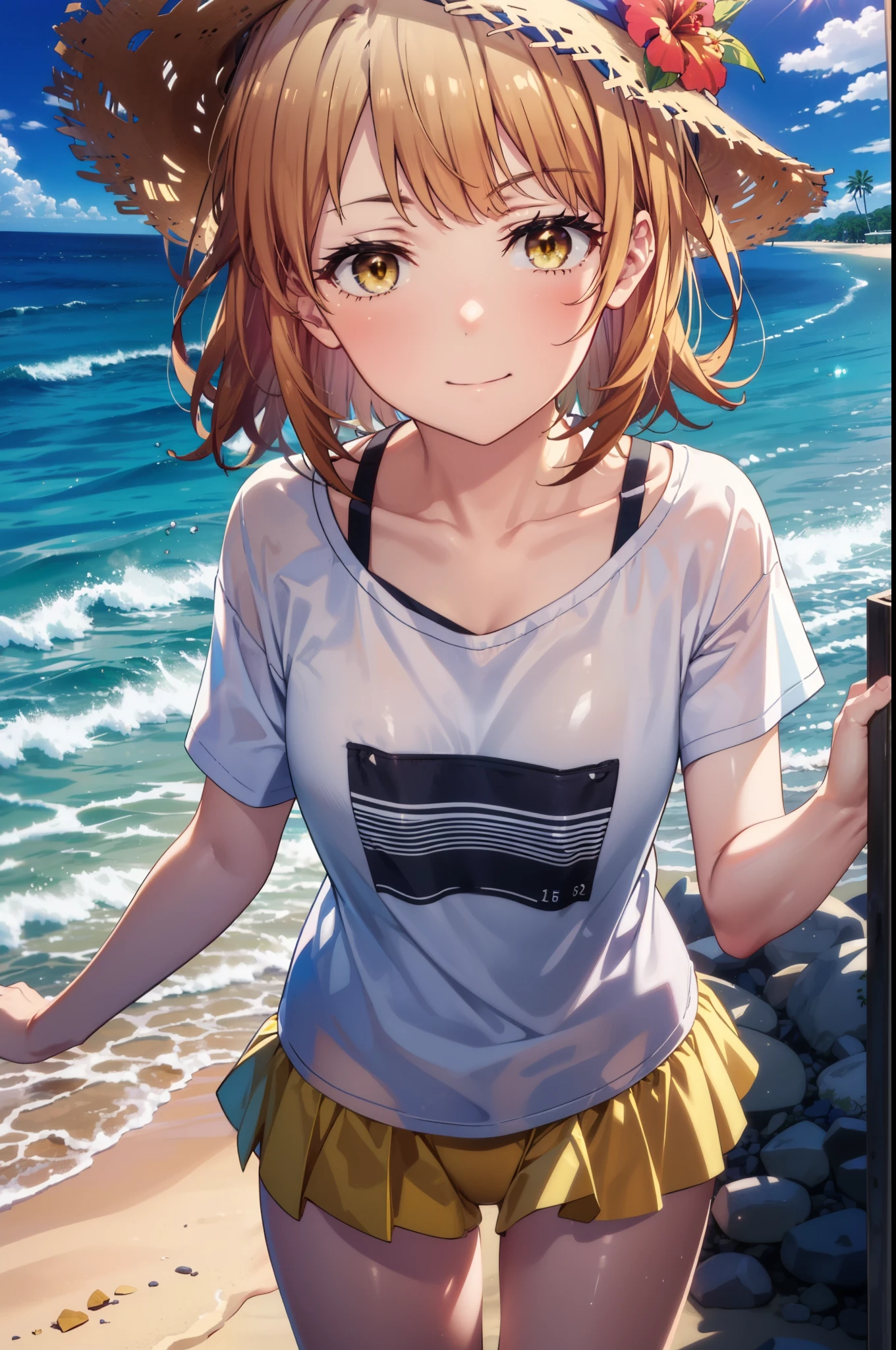 irohaisshiki, iroha isshiki, short hair, Brown Hair, (Brown eyes:1.5), smile,Yellow bikini swimsuit,Hibiscus hair accessory,Oversized shoulder t-shirt,barefoot,Big straw hat,Palm tree,Clear skies,whole bodyがイラストに入るように,
break outdoors, Beach,Sandy Beach,
break looking at viewer,whole body,(Cowboy Shot:1. 5)
break (masterpiece:1.2), highest quality, High resolution, unity 8k wallpaper, (figure:0.8), (Beautiful fine details:1.6), Highly detailed face, Perfect lighting, Highly detailed CG, (Perfect hands, Perfect Anatomy),