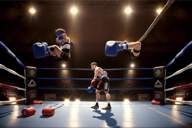 boxe ring with lights and ropes, boxe ring sol blanc coin bleu et sol blanc sol, fond d'arène, Ring de boxe avec le sol blanc et les coins bleus, scene background, toile de fond Madison Square Garden, écran centrale au dessus du ring comme au madison square garden in a boxe ring, boxe, boxe match, scene, projecteur, barre d'background, spot et projecteur au plafond fond dramatique, atmospheric perspective, glowing light, 8k, super detail, best quality, masterpiece