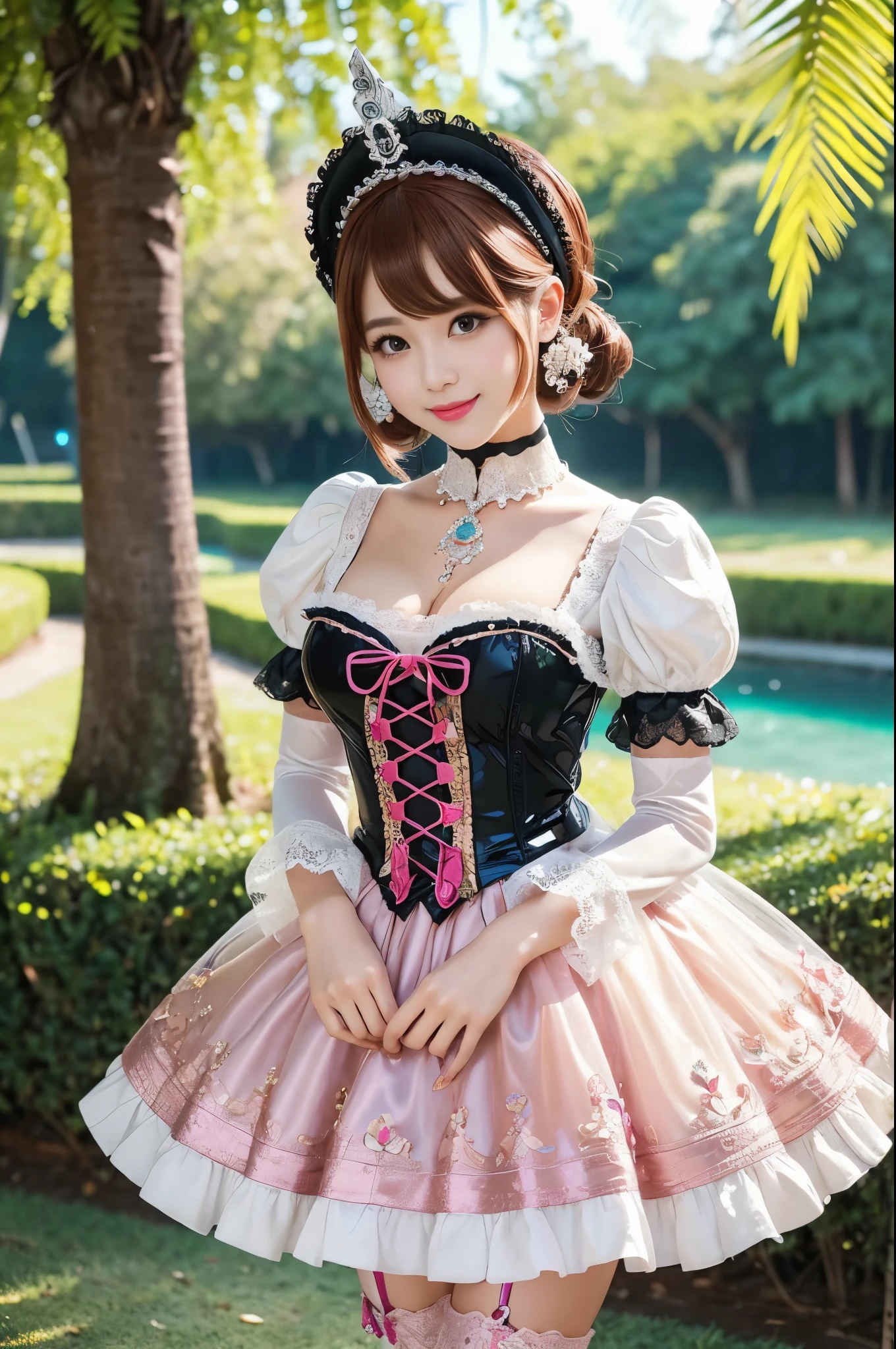 (nsfw), sexy stylish Thai princess, only 1 female, ((doll-like appearance)), short Auburn stylish hair, ((shiny Victorian-Style boots)), (big smile), ultra detailed eyes, vivid makeup, lipgloss, long lashes, defined eyebrows, ((sexy Paradise Kiss cosplay)), bell-shaped skirt, petticoats, high neckline, puffed sleeves, ((ultra detailed lace)), ((ultra detailed embroidery)), intricate details, Paradise Kiss accessoires and matching headpiece, choker, ((large sparkling Paradise Kiss jewelry)), cinematic light, detailed large park background with trees