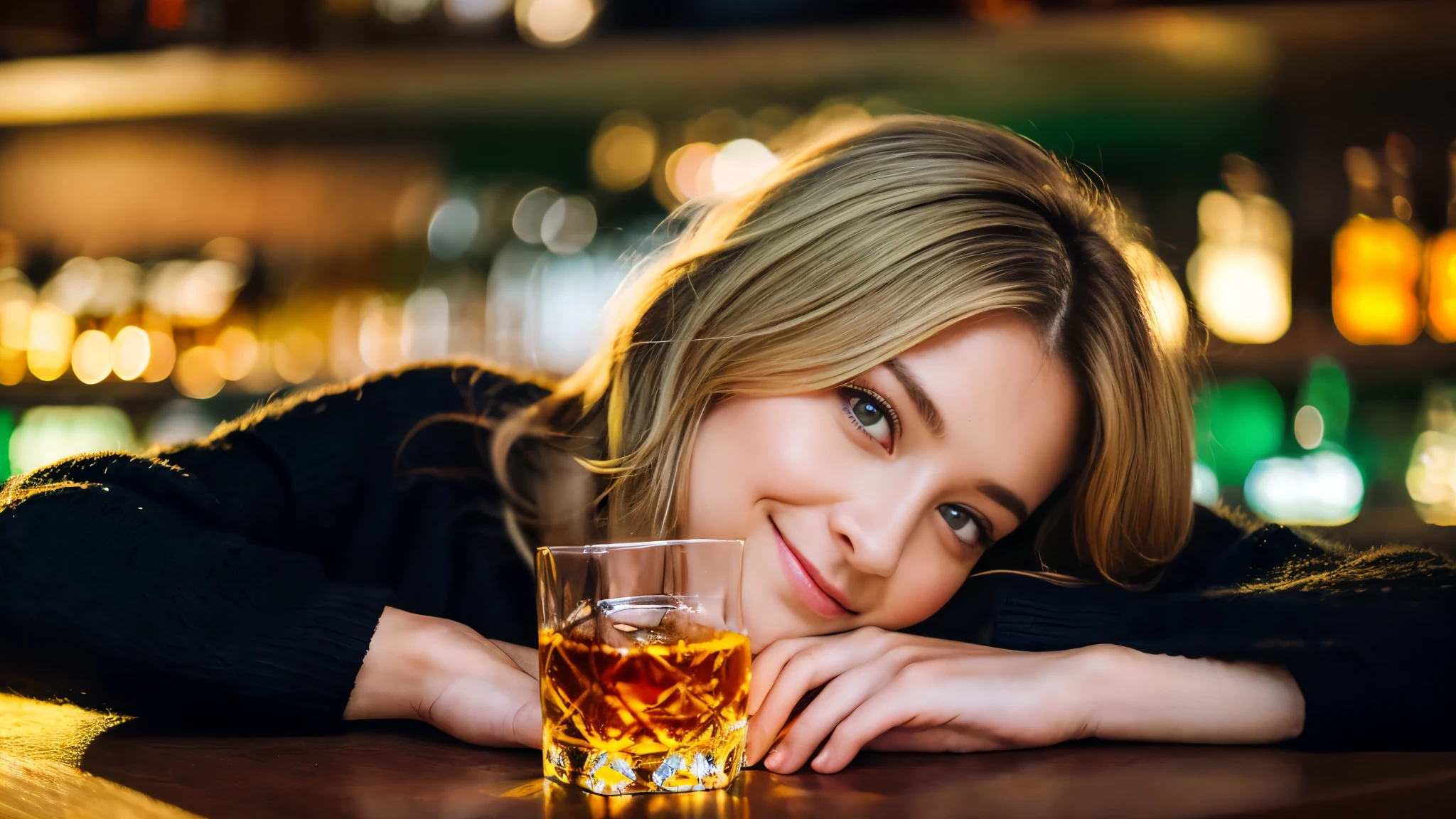 Beautiful blonde in a black sweater (Holding a Baccarat glass of whiskey in a modern bar at sunset),Close ~ eyes,Very detailed, 21 years old, Innocent face, Naturally Wavy Hair, blue eyes, High resolution, masterpiece, highest quality, Intricate details, Very detailed, Clear focus, Delicate skin, practical skin texture, texture, Delicate eyes, Professional, 4K, Cute Smile, Shot with Canon, 85mm, Shallow and deep, Kodak Vision Color, Exactly, Very detailed, photograph_\(Extremist\), photographpractical, practical, Post-processing, Maximum details, Roughness, Real Life, Extremist practical, Photorealism, photographgraphy, 8K Ultra HD, photographgraphy