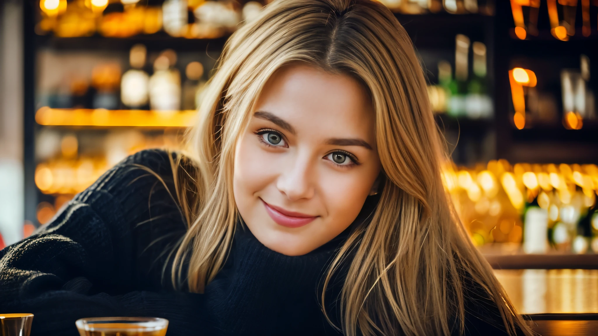Beautiful blonde in a black sweater (Holding a Baccarat glass of whiskey in a modern bar at sunset),Close ~ eyes,Very detailed, 21 years old, Innocent face, Naturally Wavy Hair, blue eyes, High resolution, masterpiece, highest quality, Intricate details, Very detailed, Clear focus, Delicate skin, practical skin texture, texture, Delicate eyes, Professional, 4K, Cute Smile, Shot with Canon, 85mm, Shallow and deep,  Kodak Vision Color, Exactly, Very detailed, photograph_\(Extremist\), photographpractical, practical, Post-processing, Maximum details, Roughness, Real Life, Extremist practical, Photorealism, photographgraphy, 8K Ultra HD, photographgraphy