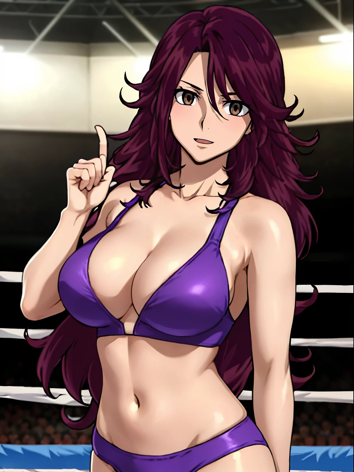 1girl, blunt bangs, wrestling gear, (purple hair:1.2), very long hair, looking at viewer, smile, highly detailed background of wrestling ring, (photo realistic:1.2), detailed eyes, red eyeshadow, depth of field，thighs, upper body, (solo:1.2), (cyberpunk city:1.1), cleavage, (finger on lips:1.1),Shiny skin, standing, big spring breasts, armpit line, little biceps