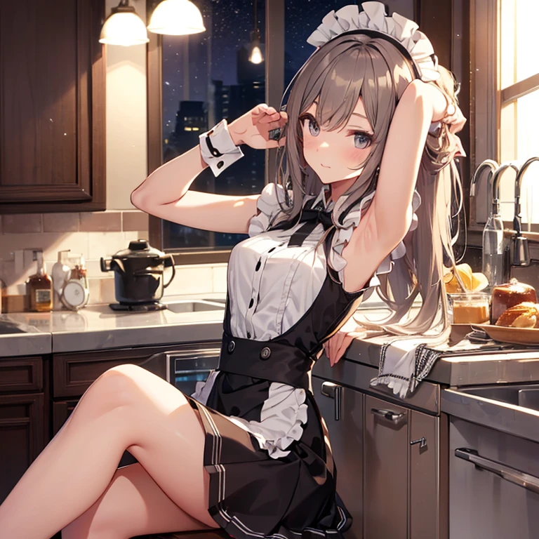 A maids, (in kitchen), various hair styles, night, details face, short skirt, seducing, sleeveless, maid uniform, armpits