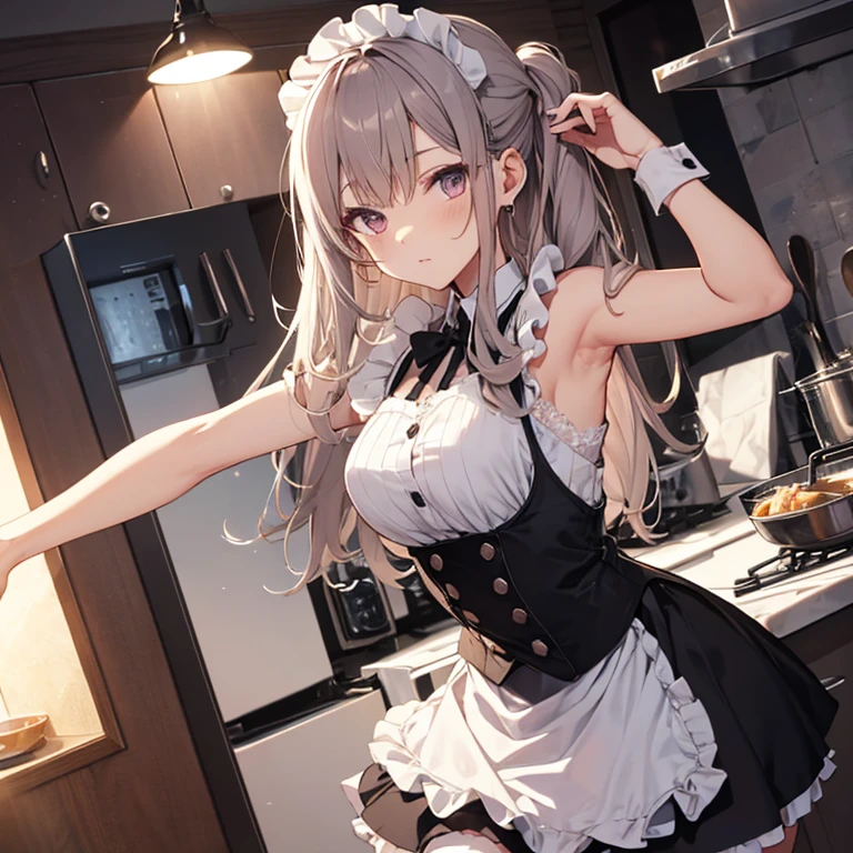 A maids, (in kitchen), various hair styles, night, details face, short skirt, seducing, sleeveless, maid uniform, armpits