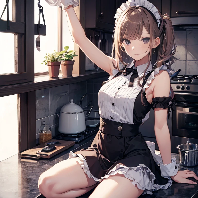 A maids, (in kitchen), various hair styles, night, details face, short skirt, seducing, sleeveless, maid uniform, armpits