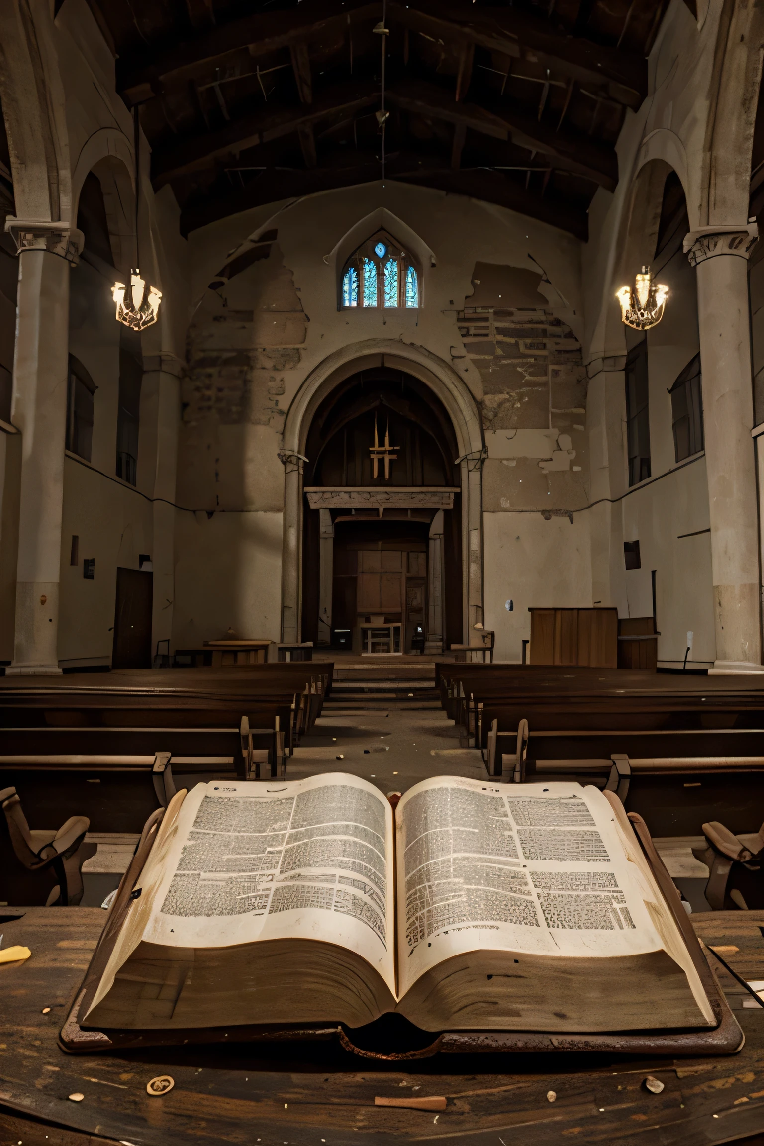 A large Bible centered on an abandoned church altar