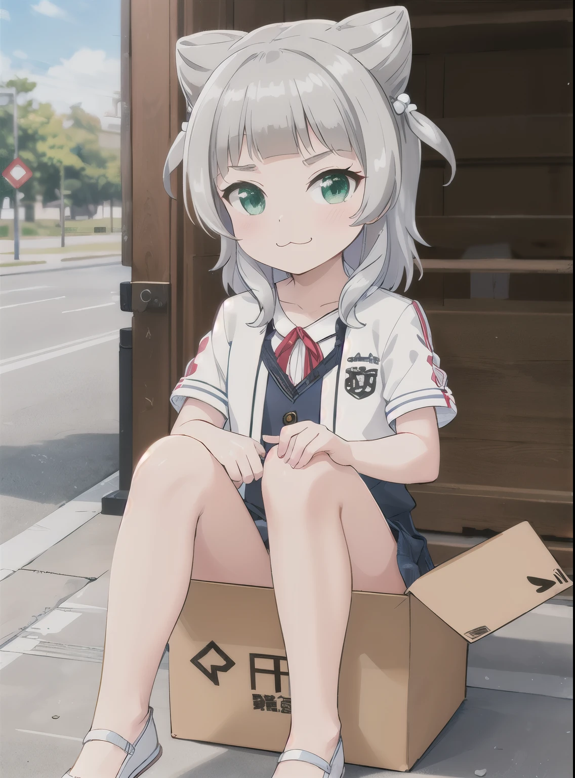 masterpiece,highest quality,Outdoor,Green Eyes, Gray Hair,blunt bangs, Double good, Animal ears,:3,smile,Comes in a cardboard box