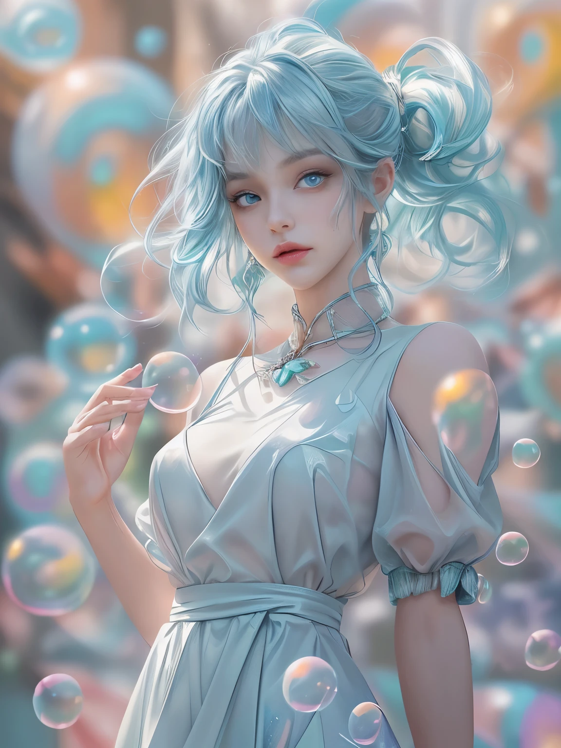 (masterpiece), (highest quality), (Super detailed), (Disheveled Hair), (figure), (One Girl), (Fashionable clothes), Are standing, Fashion Model, Beholder, (interview), (Simple Background), Beautiful and beautiful eyes, Delicate and beautiful face, floating, (High chroma), (Colorful Splash), Colorful Bubbles, (Shine), Focus on the face, ponytail, Light blue hair, bangs, Hair Ring, floating Flowers, floating Hairs, (The Shining), Best lighting, Best Shadow,  Big firm bouncing Breasts