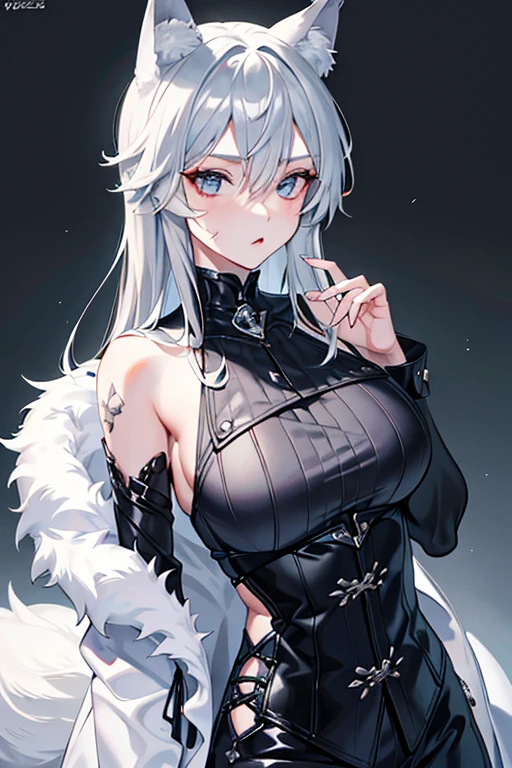 best qualtiy,tmasterpiece,The is very detailed,4K,Gray hair and shallow eyes,Drag cool expressions,Wolf ears,Erect scar on the left eye,British style,1girl,Absolutely beautiful, big bust
