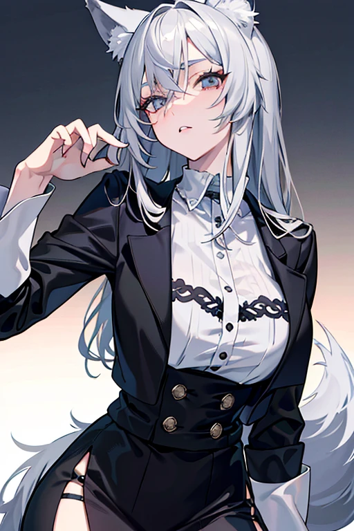 best qualtiy,tmasterpiece,The is very detailed,4K,Gray hair and shallow eyes,Drag cool expressions,Wolf ears,Erect scar on the left eye,British style,1girl,Absolutely beautiful, big bust