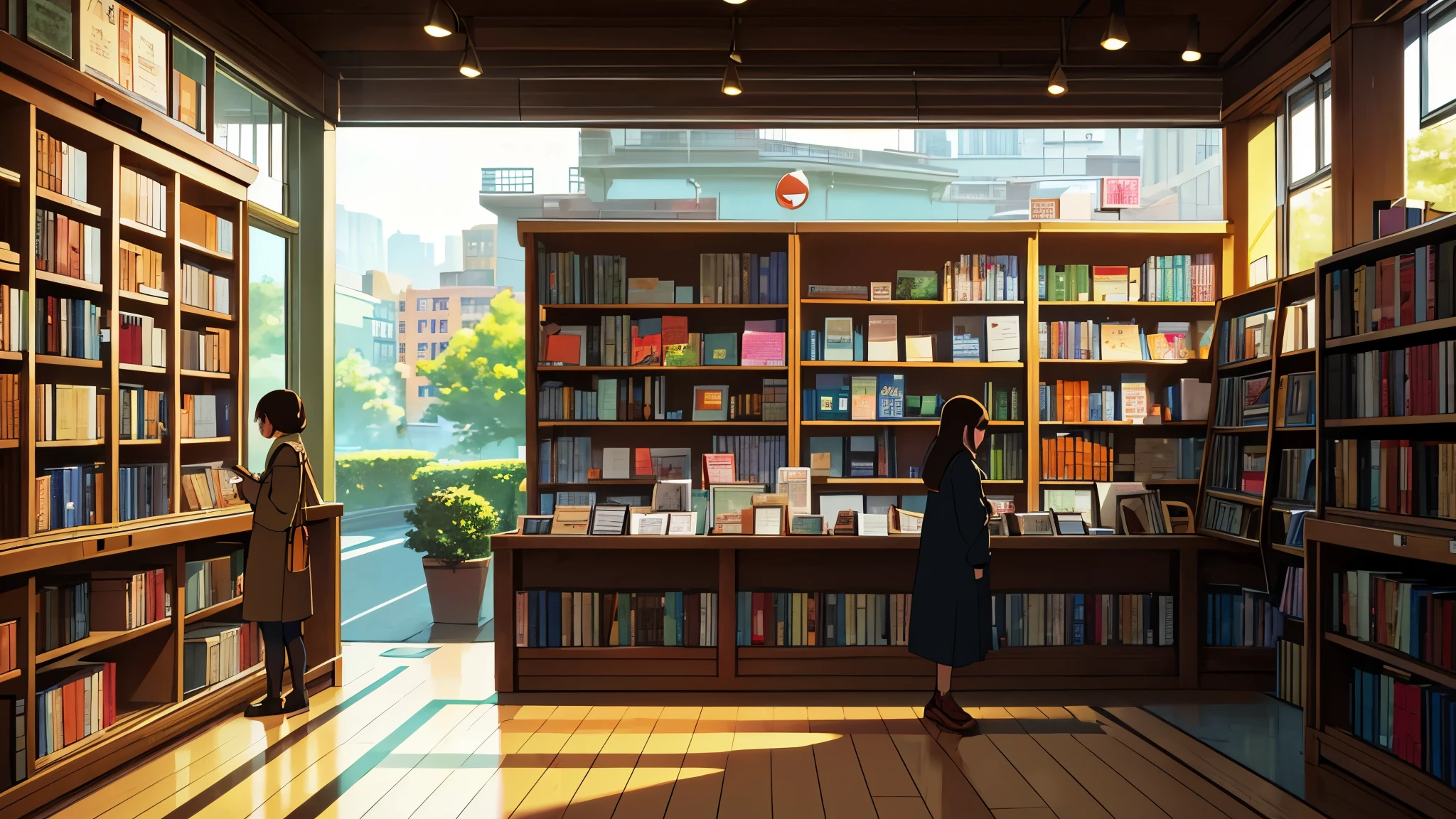 An illustration of a girl visiting a quiet corner bookstore in the city. The warm, inviting light spills out onto the sidewalk, and the shelves inside are filled with books. The girl looks content as she browses the shelves, finding a moment of peace in the busy city."