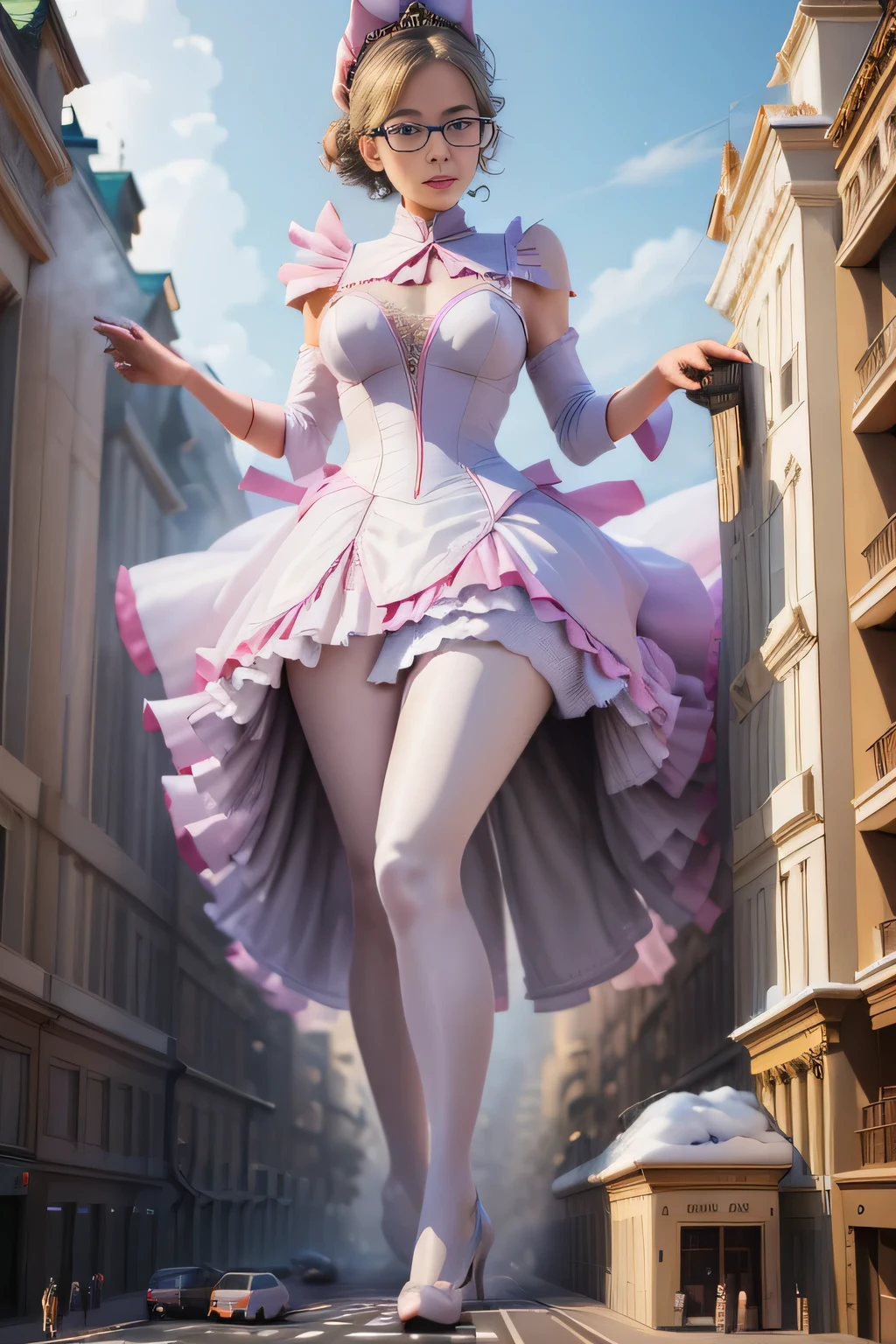 giantess art, highly detailed giantess shots, giantess, Two legs, Five fingers, short hair, super giant princess, A beautiful girl who is bigger than any skyscraper, Wearing rimless glasses, smile, Big Breasts, White gorgeous dress, White Pantyhose, white pantyhose, White stiletto sandals, toes visible through pantyhose, Destroying cities, A very small big city, Miniature metropolis, Full body description, GTS, giga giantess, stomping city, crash city, tiny city, micro city, pantyhose feet, High resolution, highest quality, masterpiece, princess dress,