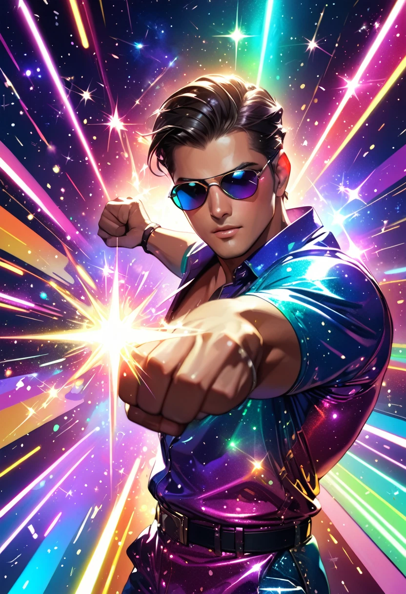 (masterpiece, best quality:1.1),
(ultra highres, ultra-detailed:1.2) ,Lame,Man throwing a brilliant straight right punch,sunglasses,Galactica Magnum,,,,,dynamic pose,(Glitter:1.5) ,(colorful sparkle:1.5) ,Nebula background,