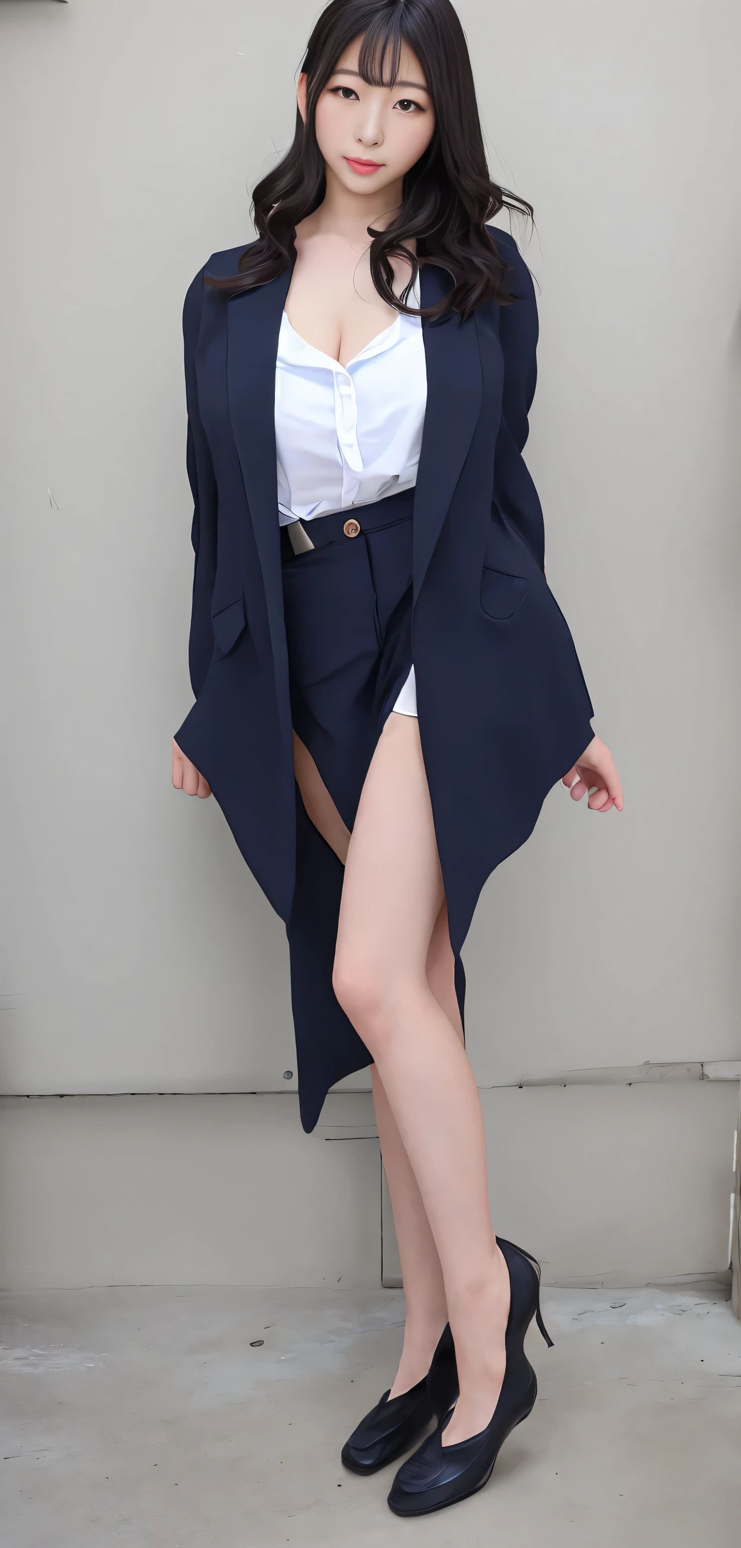 ((high resolution, 最high resolution, 8k, RAW images))Japanese ID, Mature Woman, Wavy black hair with no bangs, Long Hair:1.65, Flashy makeup, Fuller lips, Sexy Gaze, Cute Uniform, looking at the camera, Low angle shooting, Cute duck lips,((Very accurate and correct anatomy)), (masterpiece:1.45), Perfect balance, Realistic photos, Full Shot, whole body, ((height: 148cm)), High heels, loafers, (2 Foot, Two Arms), ((Panty shot)),Big Breasts:1.95