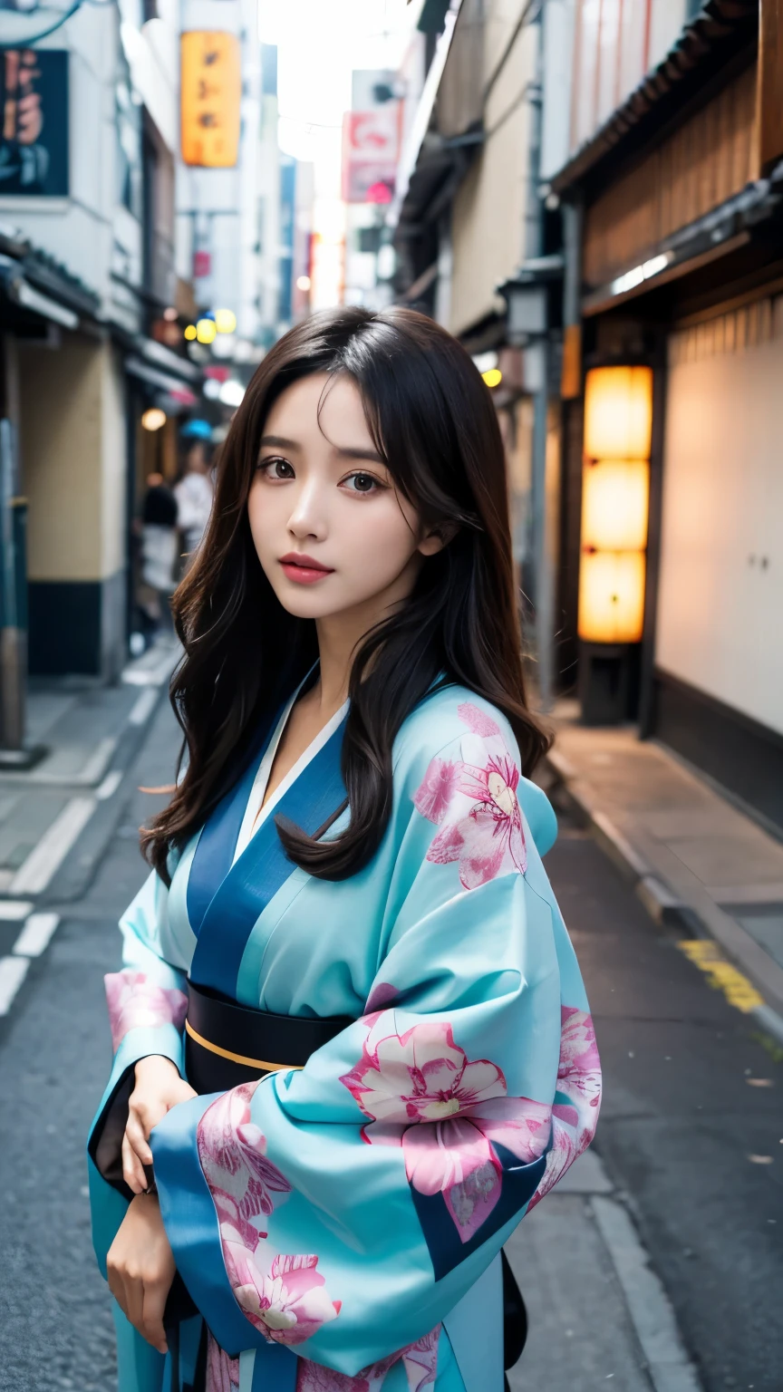 Beautiful supermodel woman with dark hair, A lock of hair with slight highlights, black eyes, mixed media, sexy,Japanese style street background,Colorful kimono , Liquid color flows across her face, Photographed by Yui Aragaki