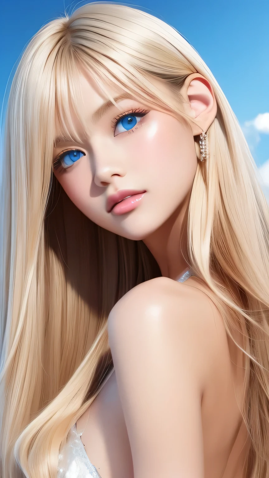 Perfect beautiful face、Beautiful cute girl 20 years old、Sexy and very beautiful cute face、Beautiful cute sexy sky blue eyes、Very super long beautiful shiny silky straight pearl blonde hair、Super long beautiful bangs、White skin、Glossy Skin、Gloss Face、Cheek gloss highlighter、Hair above the eyes、片Hair above the eyes、Hair between the eyes、Bangs on the face