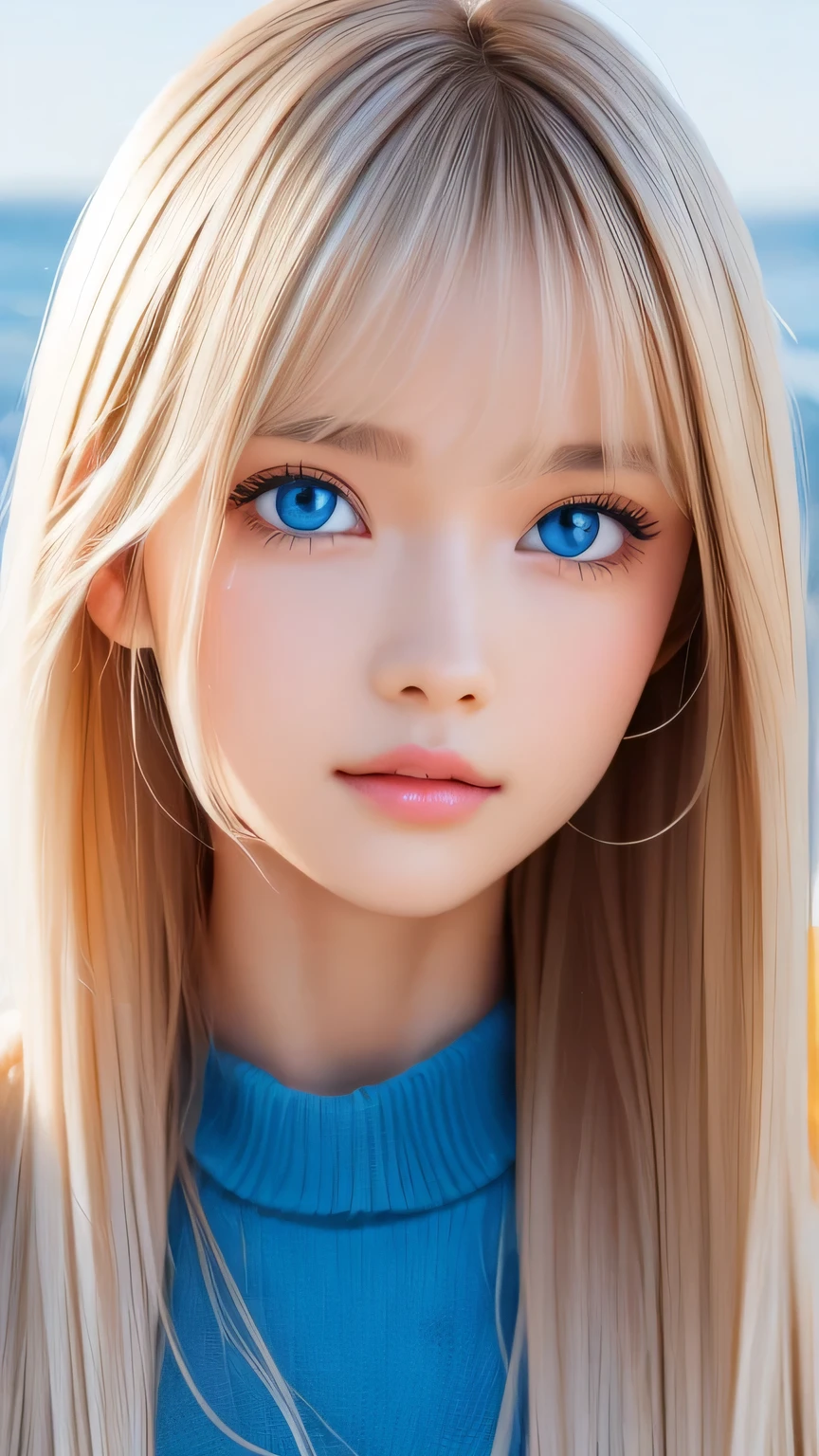 Perfect beautiful face、Beautiful cute girl 20 years old、Sexy and very beautiful cute face、Beautiful cute sexy sky blue eyes、Very super long beautiful shiny silky straight pearl blonde hair、Super long beautiful bangs、White skin、Glossy Skin、Gloss Face、Cheek gloss highlighter、Hair above the eyes、片Hair above the eyes、Hair between the eyes、Bangs on the face