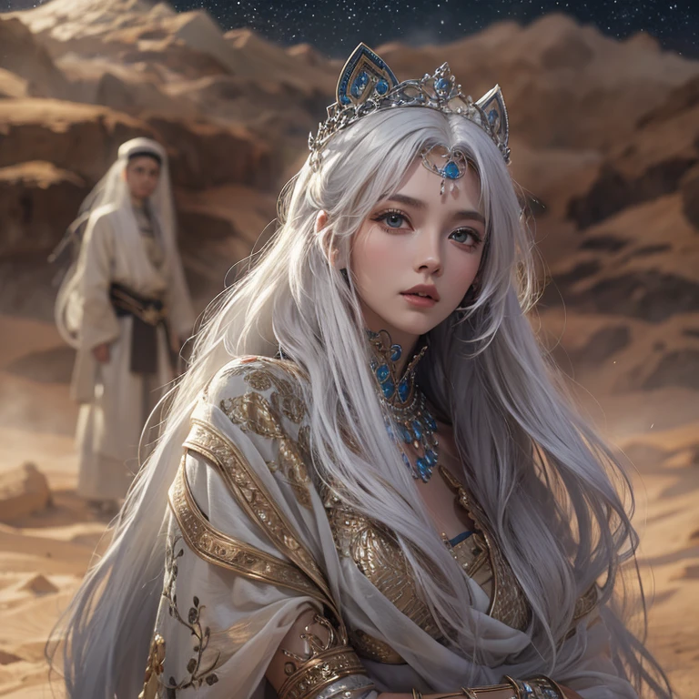 (highest quality、masterpiece、8k、Best image quality、Ultra-high resolution、Award-winning works)、A beautiful white-haired woman watches over us from afar in the desert..., Where the moonlight shines.、Ancient Islamic clothing、Beautiful face drawn in every detail, There'There'There'There's a real wolf next to her