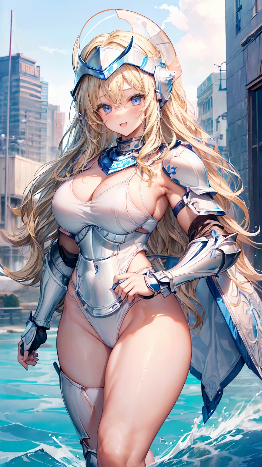 (Adult female:1.5)、Very detailed、highest quality、Best image quality、masterpiece、8k、Anime Face、A kind smile、Open your mouth、Sparkling blue eyes、(Blonde Wavy Hair:1.5)、、Muscles of the whole body、thong thong、Thigh belt、(Wearing white bikini armor:1.5)、(Cowboy Shot:1.5)、(foot armor:1.5)、(Put on a helmet:1.5)
