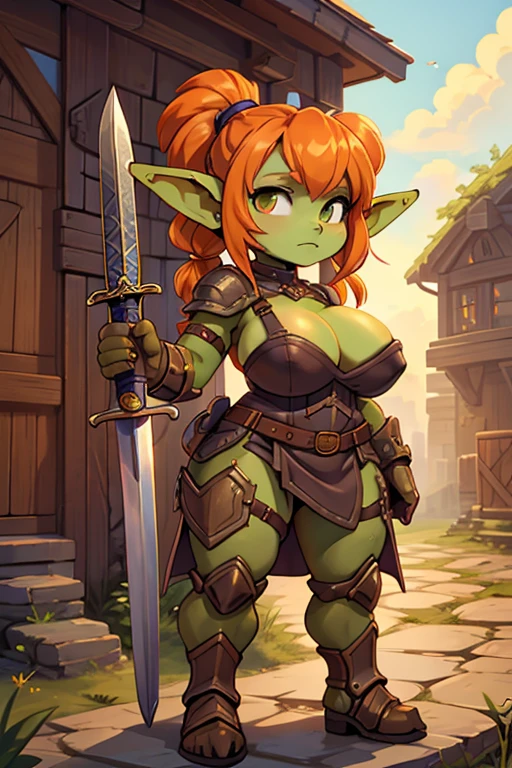 a goblin girl, small girl, shortstack, wide hips, huge breasts, revealing clothes, armor, green skin, orange hair, long twintails hair style, holding a sword, brown gloves, standing, full body