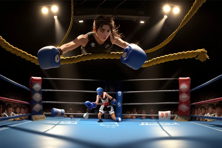 boxe ring with lights and ropes, boxe ring sol blanc coin bleu et sol blanc sol, fond d'arène, Ring de boxe avec le sol blanc et les coins bleus, scene background, toile de fond Madison Square Garden, écran centrale au dessus du ring comme au madison square garden in a boxe ring, boxe, boxe match, scene, projecteur, barre d'background, spot et projecteur au plafond fond dramatique, atmospheric perspective, glowing light, 8k, super detail, best quality, masterpiece
