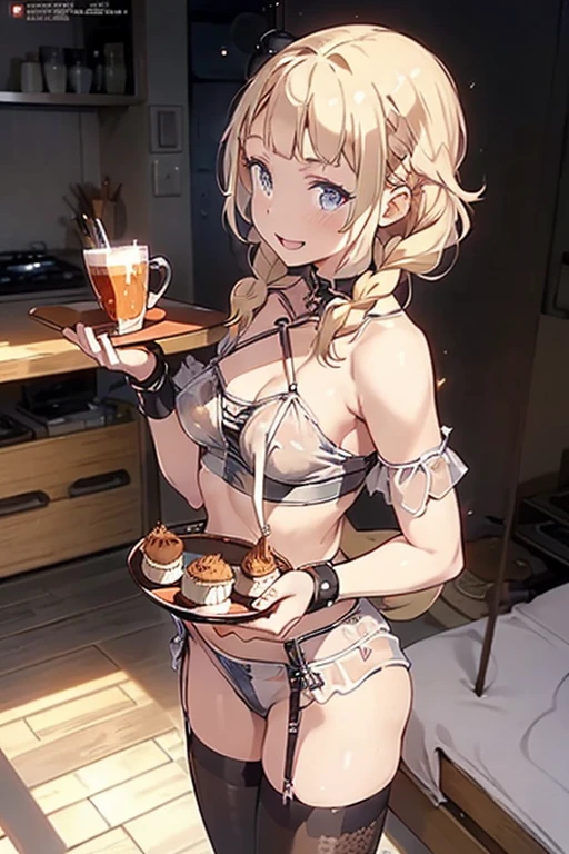 (small breasts:1.2), (perky chest:1.2), (pointed chest:1.2), (Pudding cake magazine cover:1.3),(from above:1.0),(fromside:0.9),masterpiece, 1girl, Amazing Cleavage:1.1, thin waist, optimum,tmasterpiece,hight resolution,best qualtiy,hyper HD,super detailing,awardwinning,16 K,solo,(The upper part of the body),anatomy correct,Beautiful cyberpunk girl,Cowboy Shot,cute face,a blond,Longhaire,Twin-tailed,Braids, Hairline,(scarlet eyes),long eyelasher,Hanging eye corners,White skin of the,shoot from the side, ((see through camisole:1.1)), ((Sheer nipples:1.0)),Rocket Tits,(Slim body),smile,seductive weak smiling,(with sparkling eyes and a contagious smile),open mouth, Looking at Viewer,