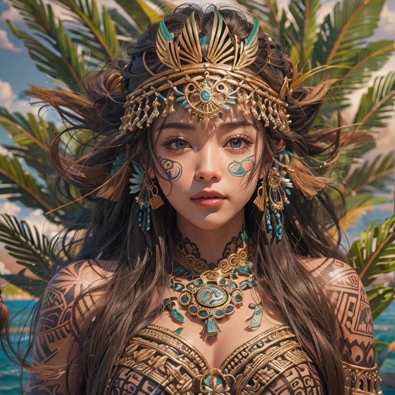 Polynesian Sea、Hair blowing in the wind 、 ((highest quality、masterpiece、8k、Best image quality、Ultra-high resolution、Award-winning works)、(Accurate anatomy:1.1)、(Look at me and smile:1.0)、Shining fair skin with Ultra-high resolution、The most detailed face、Ultra-high resolution detailed face、Ultra-high resolutionの髪の毛、(Ultra-high resolution eye:1.1)、Beautiful face drawn in every detail、Polynesian Costume, Chest to chest, Polynesian Tattoo, Polynesian canoe