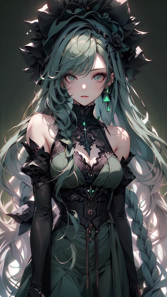 (masterpiece:1.2), highest quality, 1 female, alone, long long gray hair,   very long hair, bangs, (dark green background:1.4), dark green eyes, black bonnet with dark green rose decoration, black gothic dress
