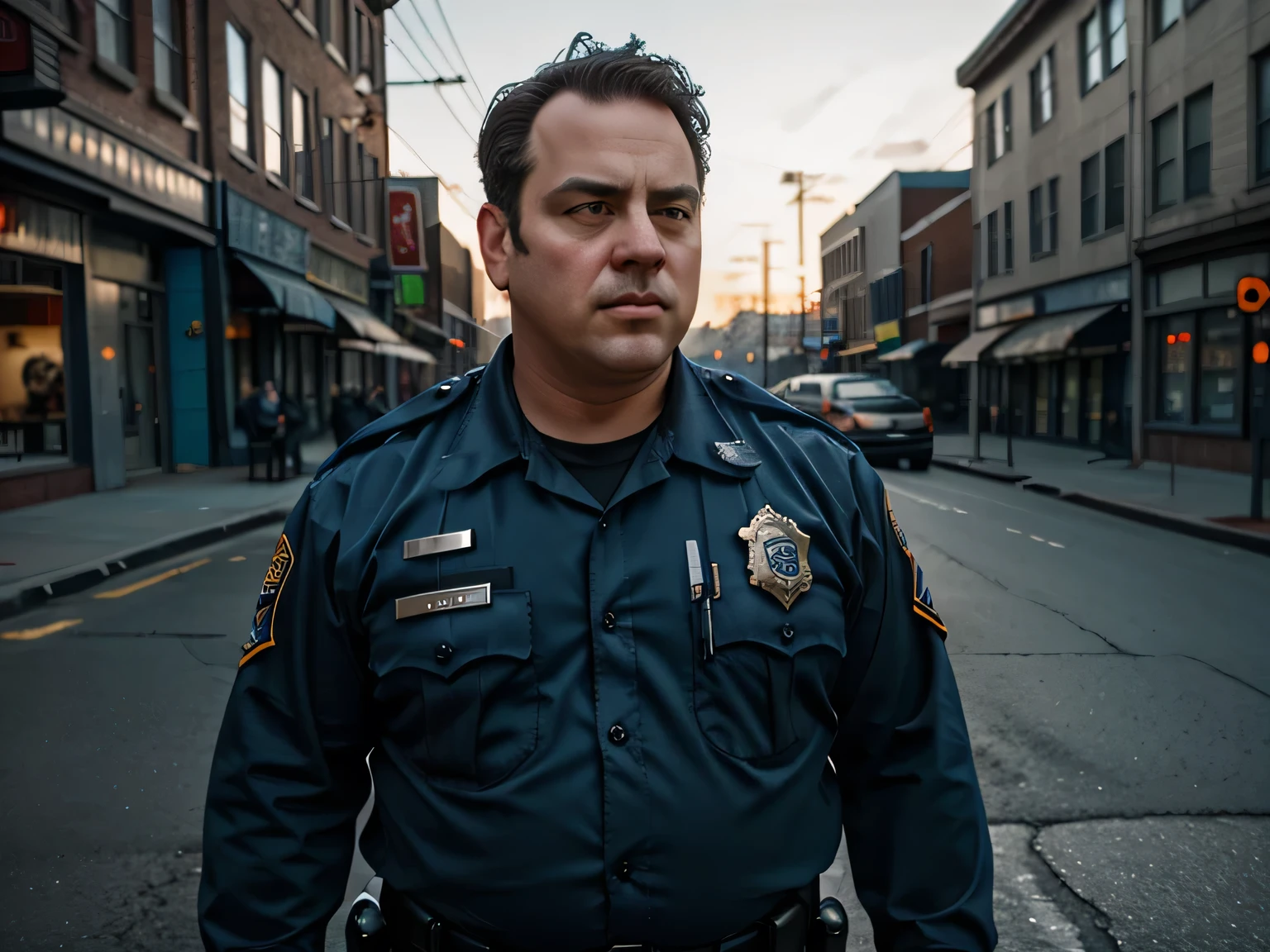 a 29 year old obese male police officer with a big belly, double chin, receding hairline, stains on uniform, standing on a small pacific northwestern town street or sidewalk, (best quality,8k,ultra-detailed,realistic,photorealistic:1.37),(detailed facial features,extremely detailed eyes and face,high quality portrait:1.2),chubby,disgusting,law enforcement,overweight,unfit,dirty uniform,gritty ,moody lighting,blue and gray color tones,cinematic composition, donut jelly on face, donut