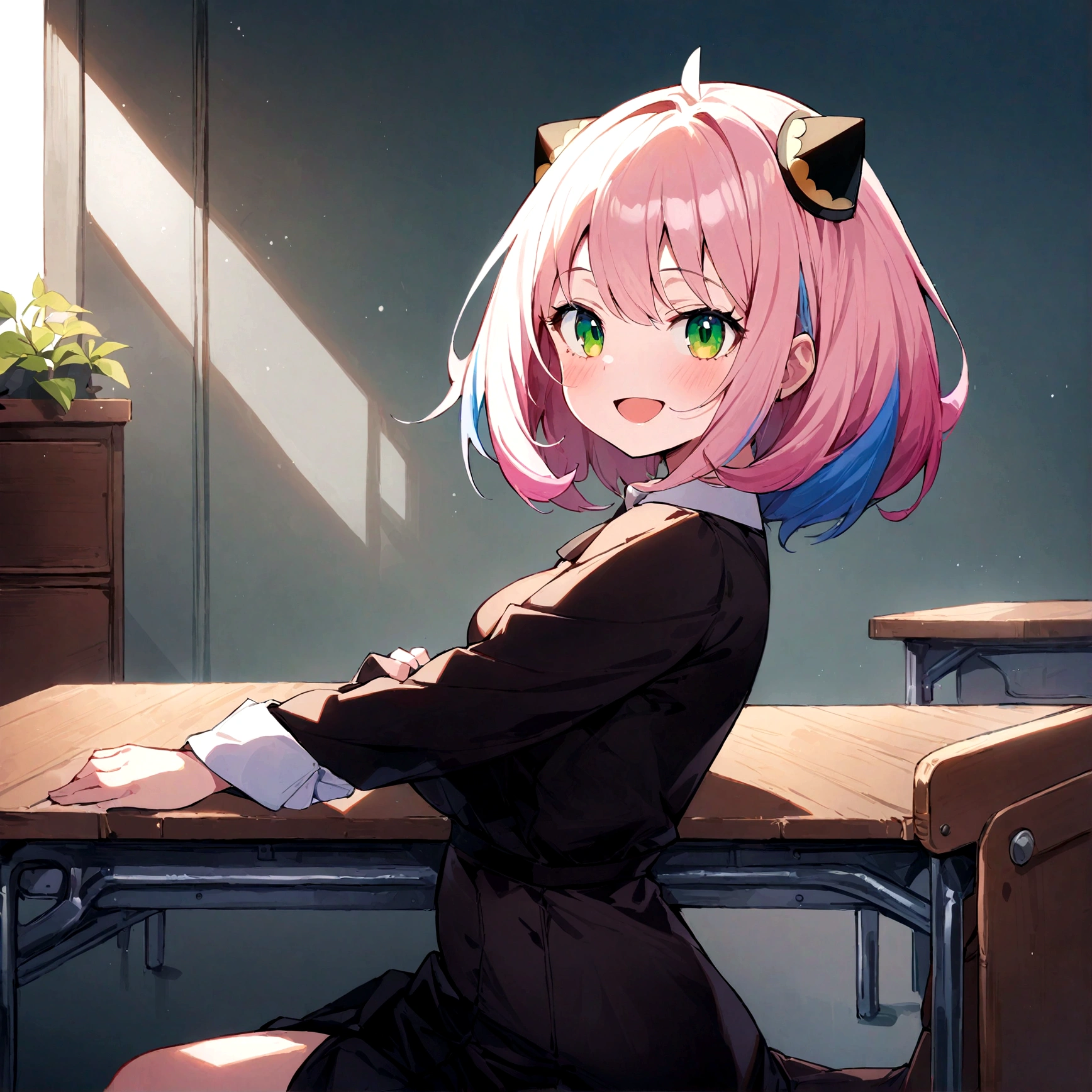 solo, 1girl, Anya forger/(spy x family/), masterpiece, best quality, very aesthetic, absurdres, pink hair, green eyes, short hair, black dress, collared shirt, smile, open mouth, looking at viewer, from side, sitting, desk, table, hair ornament