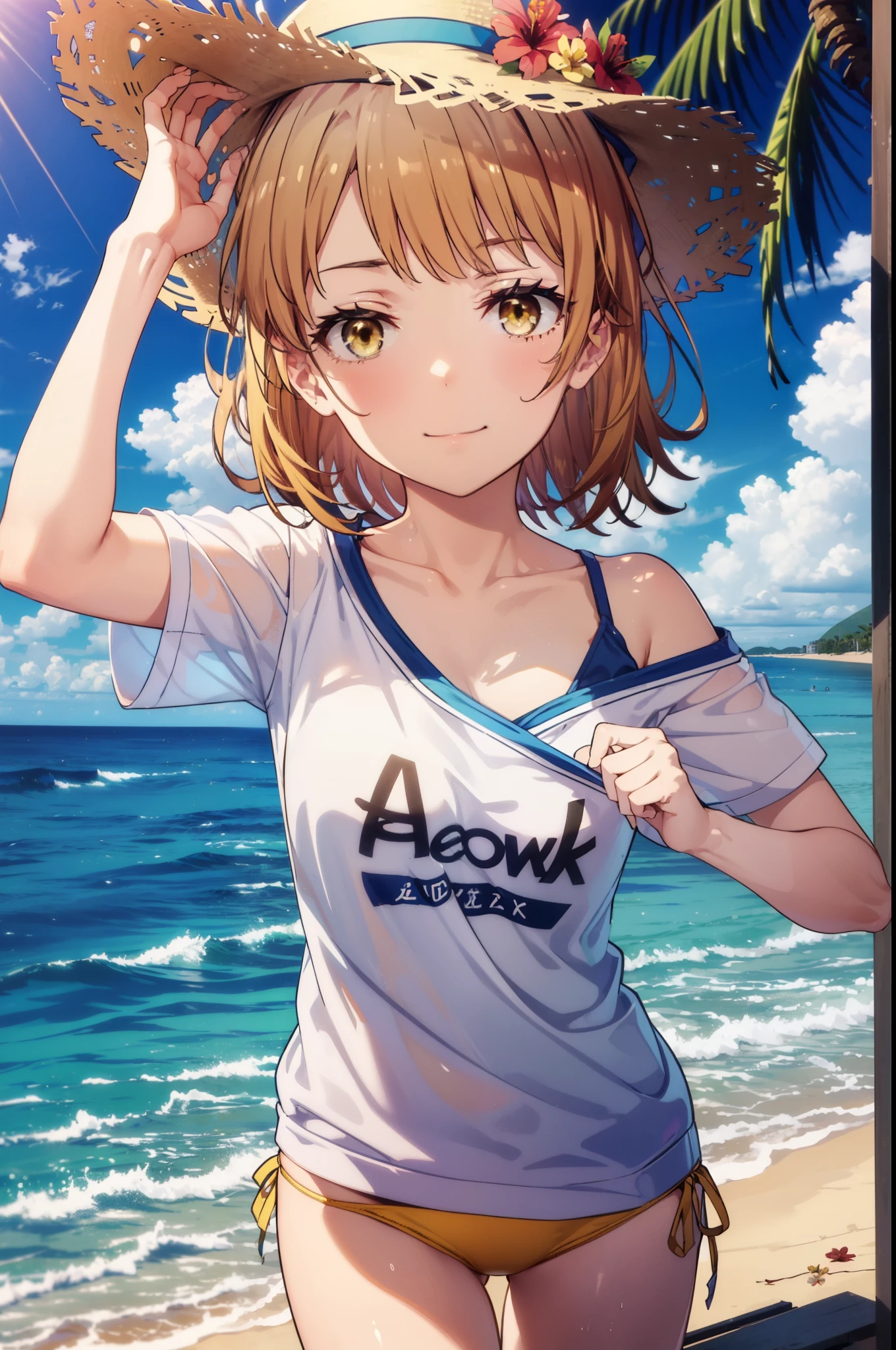 irohaisshiki, iroha isshiki, short hair, Brown Hair, (Brown eyes:1.5), smile,Yellow bikini swimsuit,Hibiscus hair accessory,Oversized shoulder t-shirt,barefoot,Big straw hat,Palm tree,Clear skies,whole bodyがイラストに入るように,
break outdoors, Beach,Sandy Beach,
break looking at viewer,whole body,(Cowboy Shot:1. 5)
break (masterpiece:1.2), highest quality, High resolution, unity 8k wallpaper, (figure:0.8), (Beautiful fine details:1.6), Highly detailed face, Perfect lighting, Highly detailed CG, (Perfect hands, Perfect Anatomy),