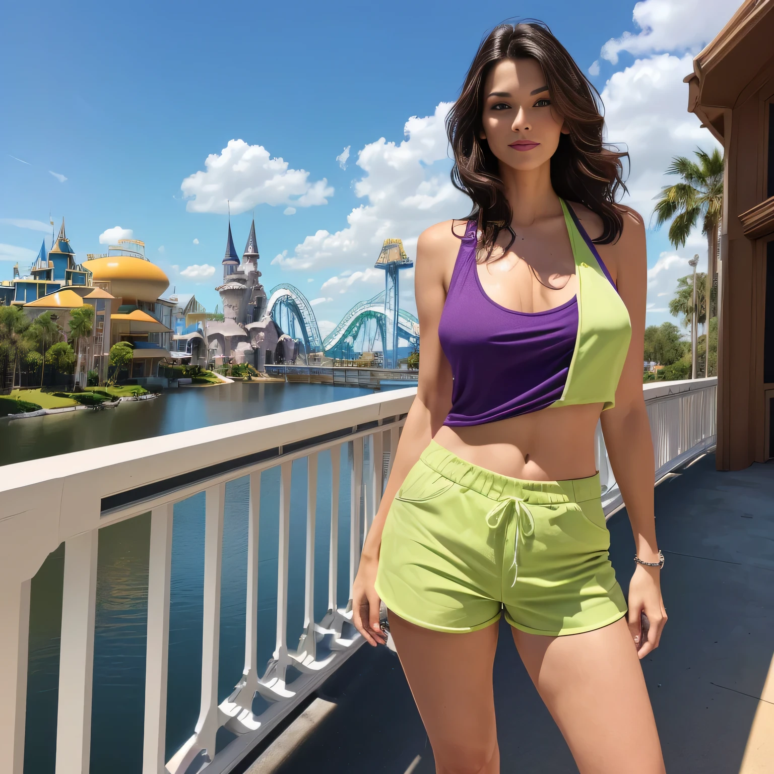 Woman standing on a bridge overlooking a city, at Universal in Orlando, vacation photo, Universal, 40 year old woman, in sunny weather, wearing a tank top and shorts, dressed in a top and shorts at the Urniversal park in Orlando USA, posing!! , 45 years old, full body photo, 44 ​​years old, in Orlando, USA.

The woman is wearing a violet tank top and lime green shorts.

A beautiful Brazilian woman, with white skin, dark brown hair. She is about 45 years old, 165 cm tall and weighs 56 kg. Shaped legs, perfect legs, toned legs, perfect mouth, medium breasts, perfect face. Her body exudes glamor and her face is a definition of beauty. Slender body, thin waist. Highly realistic, hyperrealism, very elaborate skin. Clear photo, high resolution, high quality, masterpiece, 16K photo, high contrast, masterpiece, NUDE, NUDITY, NFSW.