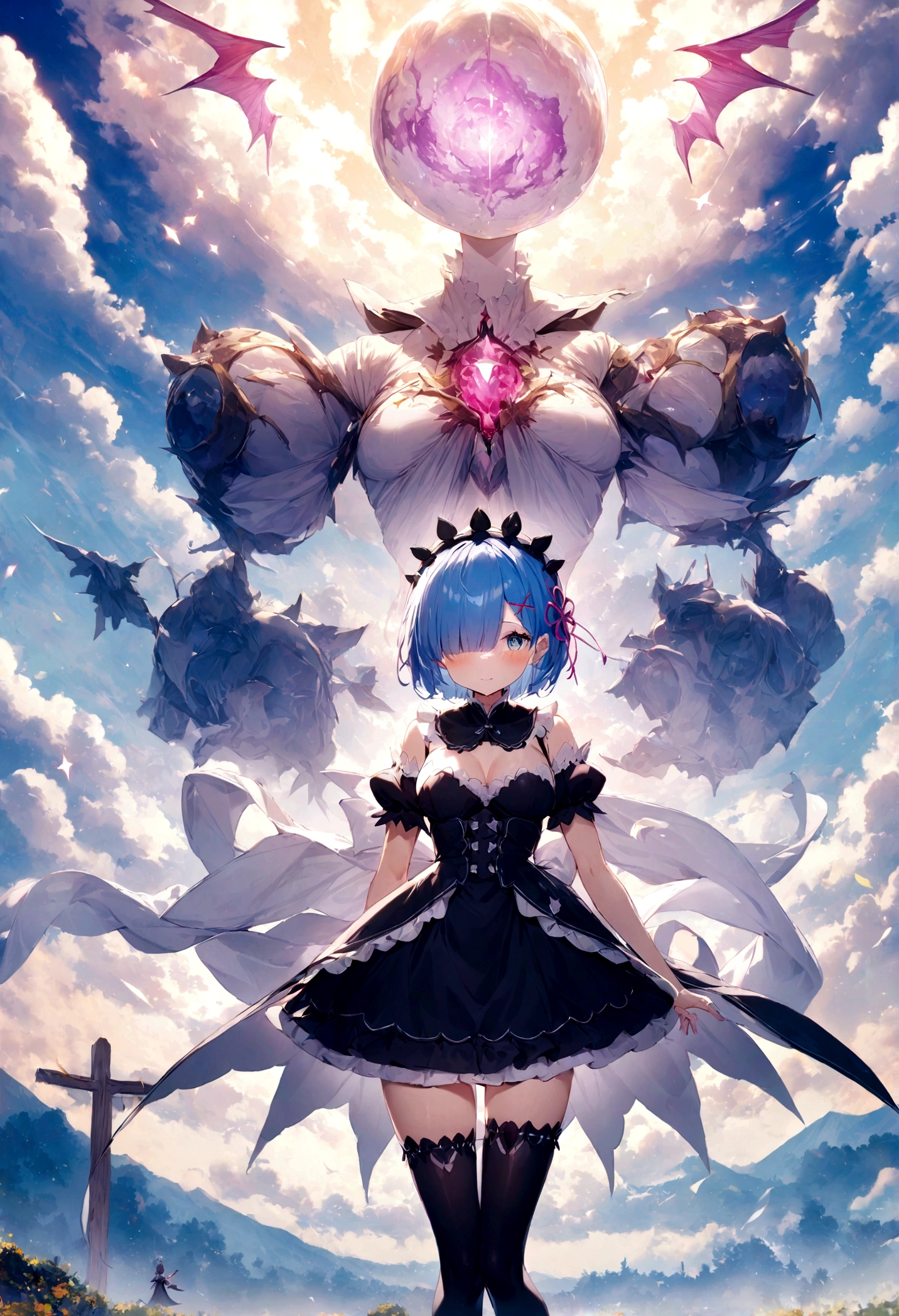 1girl,masterpiece, best quality, very aesthetic, absurdres,
Rem, Re:Zero - Starting Life in Another World - A demon maid with a deep loyalty and affection for the protagonist, Subaru, showcasing immense power and emotional depth.