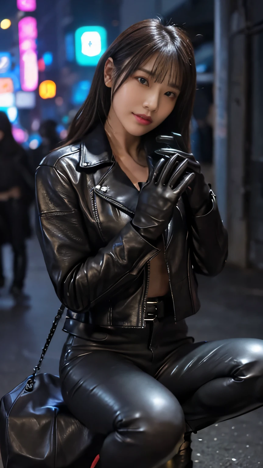 black leather rider jacket, Office in the Dark, Black leather gloved fingertips on both hands,Wearing black leather gloves,Sitting in a black leather chair、 Japanese female new recruits (Black leather gloves cover both hands) (The angle is horizontal)、Black Leather Pants,Black Leather Black Leather Pants,Black Leather Skinny Pants、Long black leather boots on both feet、Black Hair ((He wears black leather gloves on his hands))Full Body Photo,full body shot full body full body leather suit,☺If you turn in this direction。Wearing black leather gloves,Wearing black leather gloves,Wearing black leather gloves,Wearing black leather gloves,Wearing black leather gloves,Wearing black leather gloves,黒のレザーパンツが美しい😍黒のレザーパンツが美しい😍黒のレザーパンツが美しい,😍Smiling while looking at me,City lights、((Neon Cyberpunk City Street:1.3))、(Neon Light)、Detailed lighting、
Best image quality、Ultra-high resolution、(realism:1.4)、Korean Beauty Star、The most beautiful KPOP stars、face、Horny Korean Makeup、A body that makes you want to touch it、Realistic leather texture、Costume made of smooth leather fabric、The drape of the curved parts of the leather fabric、The costume is very shiny、Quality of the costume、8K Photo Quality