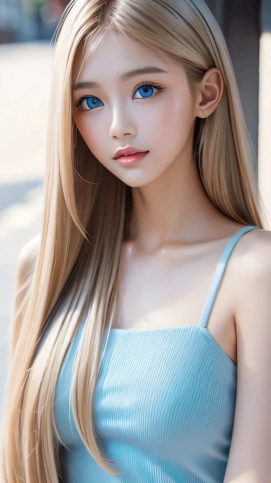 Perfect beautiful face、Beautiful cute girl 20 years old、Sexy and very beautiful cute face、Beautiful cute sexy sky blue eyes、Very super long beautiful shiny silky straight pearl blonde hair、Super long beautiful bangs、White skin、Glossy Skin、Gloss Face、Cheek gloss highlighter、Hair above the eyes、片Hair above the eyes、Hair between the eyes、Bangs on the face