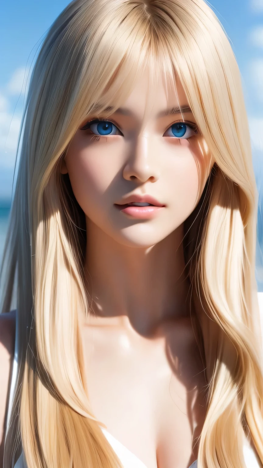Perfect beautiful face、Beautiful cute girl 20 years old、Sexy and very beautiful cute face、Beautiful cute sexy sky blue eyes、Very super long beautiful shiny silky straight pearl blonde hair、Super long beautiful bangs、White skin、Glossy Skin、Gloss Face、Cheek gloss highlighter、Hair above the eyes、片Hair above the eyes、Hair between the eyes、Bangs on the face
