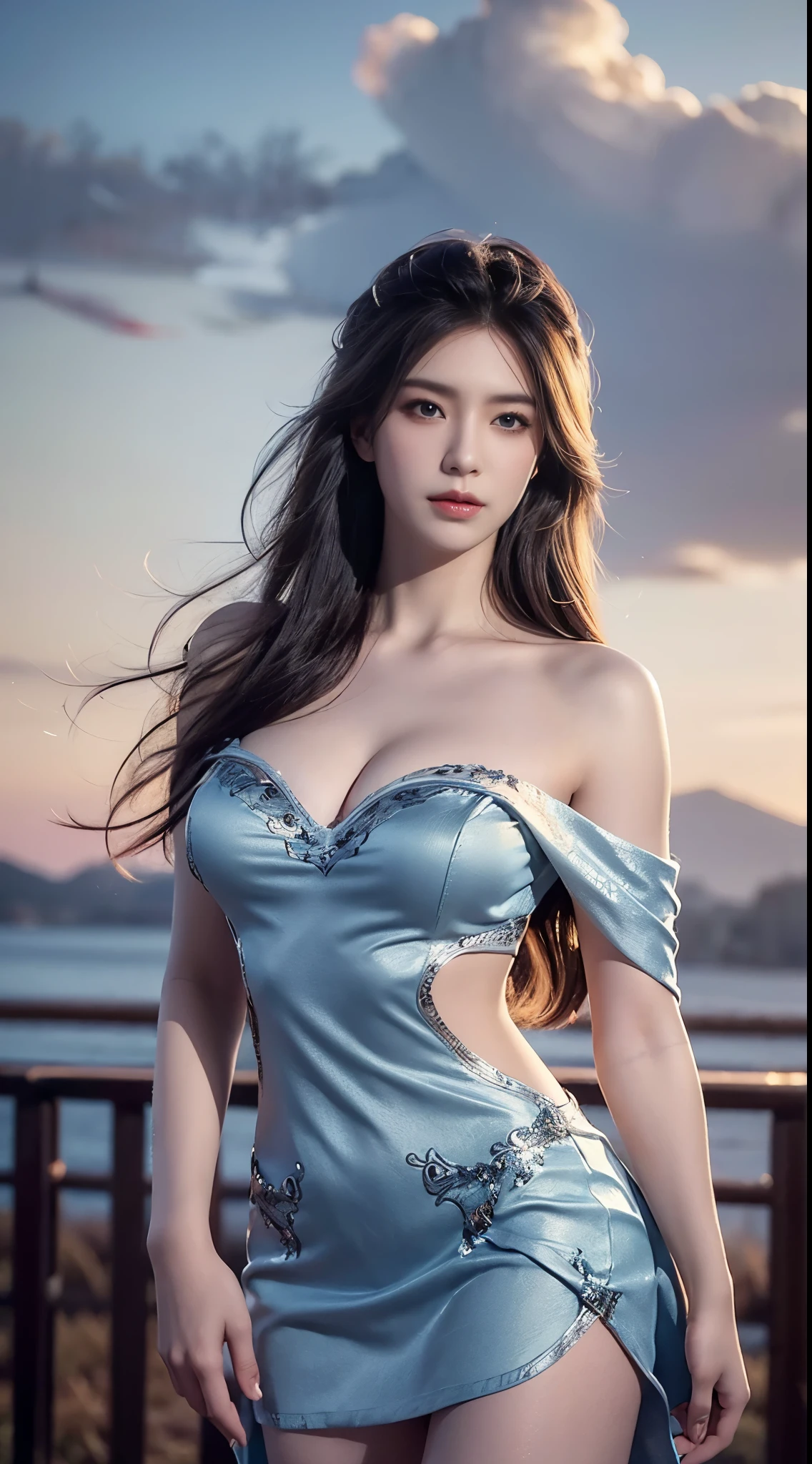 ylj, ((cowboy shot)), ((Bare shoulder)), ((Short hemlines, sexy long legs)), realistic detailed photo of a giant breasted girl with exposed shoulders, detailed fingers, high quality skin, red eyes, alone in a winter scene with clouds, wind, and flowing hair, (best quality,4k,8k,highres,masterpiece:1.2),ultra-detailed,(realistic,photorealistic,photo-realistic:1.37),studio lighting,vivid colors