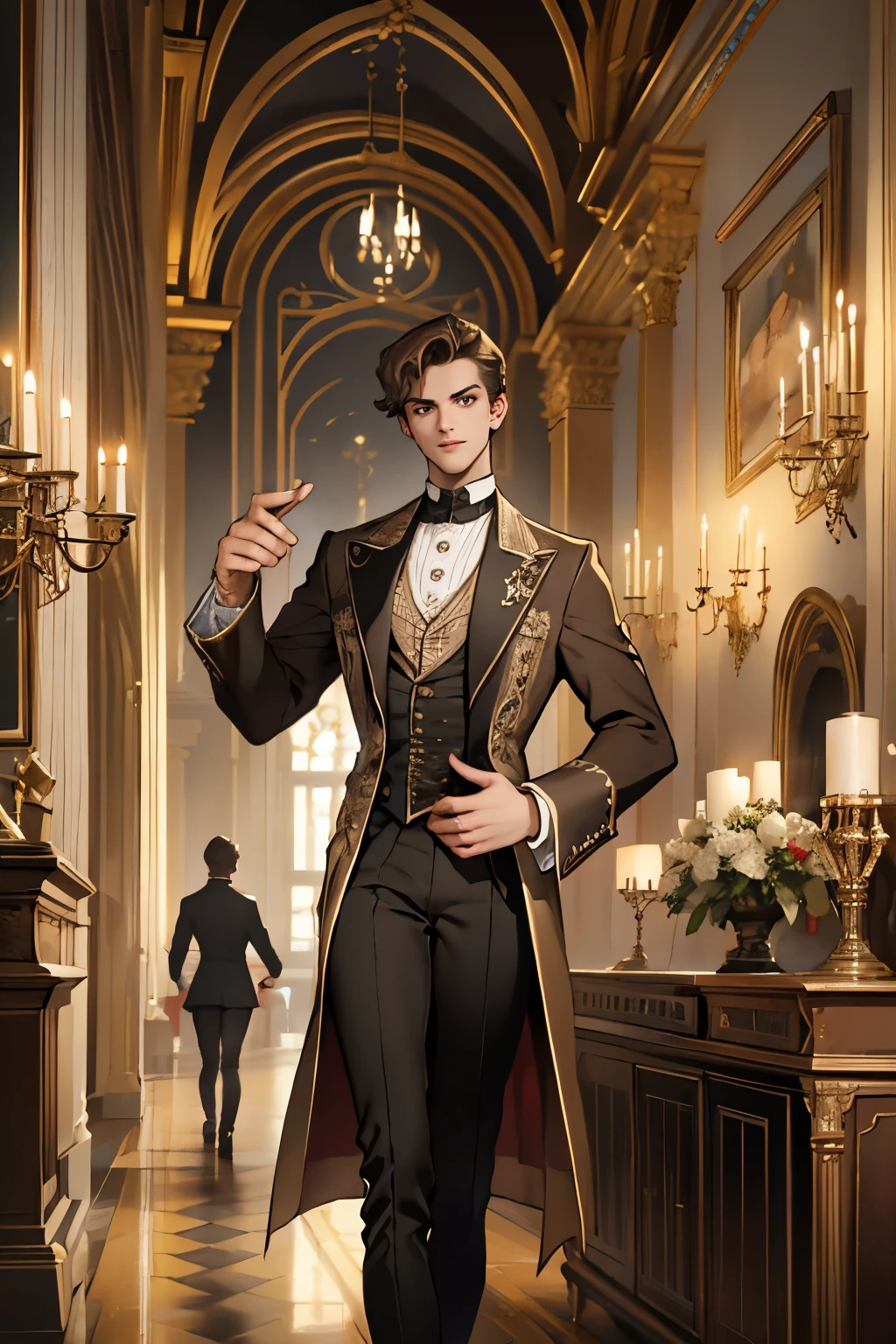 victorian era,Europe in the 18th century,male,22 years old,Bright brown eyes,Dark hair,Handsome,slim,Tall,Simple and elegant aristocratic clothing, Standing in the luxurious banquet hall, Delicate and meticulous, 8K, Reality, Dramatic Lighting, high quality, Complex design, classical portrait