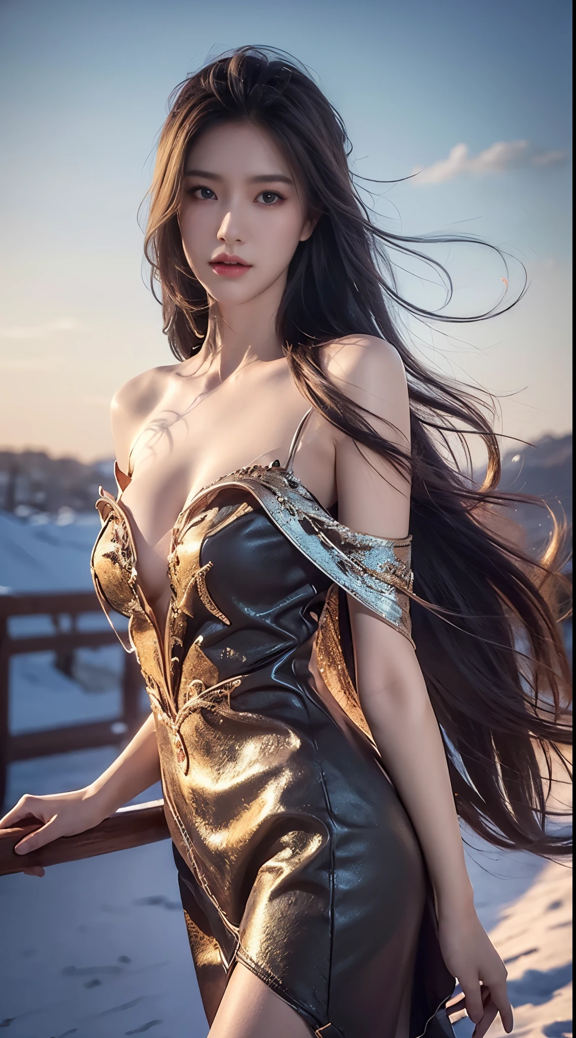 ylj, ((cowboy shot)), ((Bare shoulder)), ((Short hemlines, sexy long legs)), realistic detailed photo of a giant breasted girl with exposed shoulders, detailed fingers, high quality skin, red eyes, alone in a winter scene with clouds, wind, and flowing hair, (best quality,4k,8k,highres,masterpiece:1.2),ultra-detailed,(realistic,photorealistic,photo-realistic:1.37),studio lighting,vivid colors