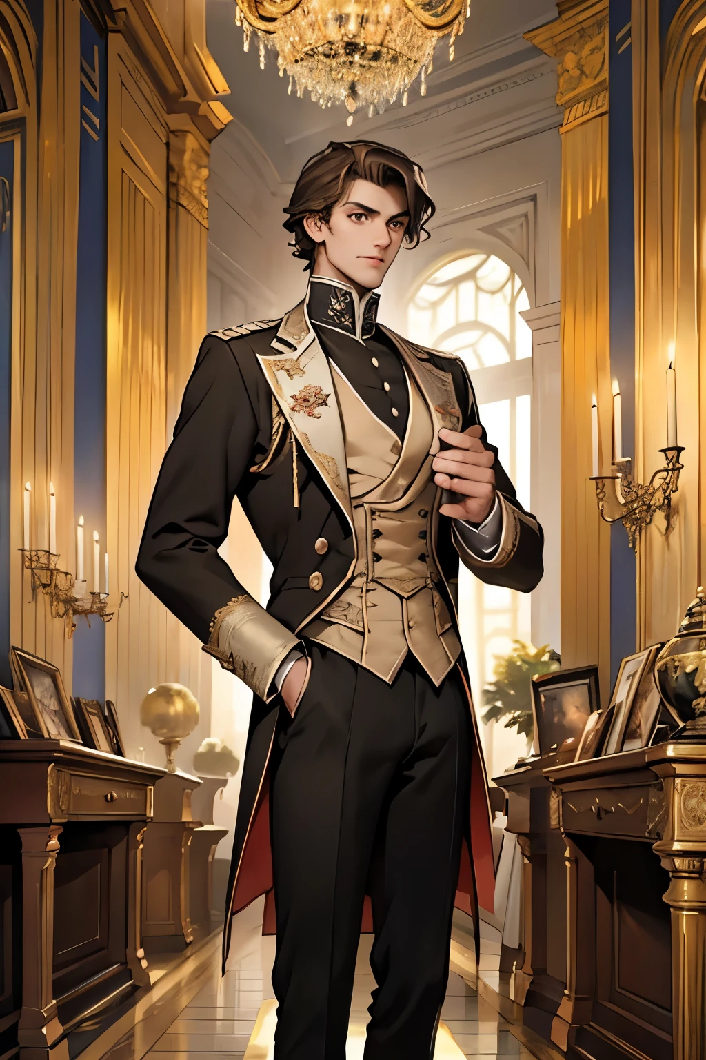victorian era,Europe in the 18th century,male,22 years old,Bright brown eyes，Dark hair,Handsome,slim,Tall，Simple and elegant aristocratic clothing, Standing in the luxurious banquet hall, Delicate and meticulous, 8K, Reality, Dramatic Lighting, high quality, Complex design, classical portrait
