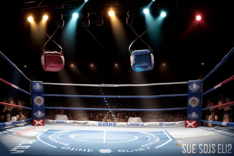 boxe ring with lights and ropes, boxe ring sol blanc coin bleu et sol blanc sol, fond d'arène, Ring de boxe avec le sol blanc et les coins bleus, scene background, toile de fond Madison Square Garden, écran centrale au dessus du ring comme au madison square garden in a boxe ring, boxe, boxe match, scene, projecteur, barre d'background, spot et projecteur au plafond fond dramatique, atmospheric perspective, glowing light, 8k, super detail, best quality, masterpiece