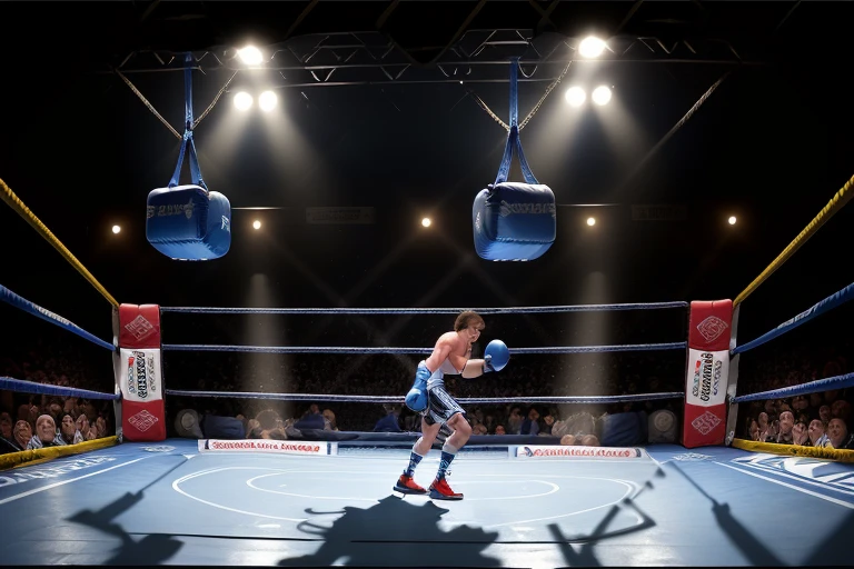 boxe ring with lights and ropes, boxe ring sol blanc coin bleu et sol blanc sol, fond d'arène, Ring de boxe avec le sol blanc et les coins bleus, scene background, toile de fond Madison Square Garden, écran centrale au dessus du ring comme au madison square garden in a boxe ring, boxe, boxe match, scene, projecteur, barre d'background, spot et projecteur au plafond fond dramatique, atmospheric perspective, glowing light, 8k, super detail, best quality, masterpiece
