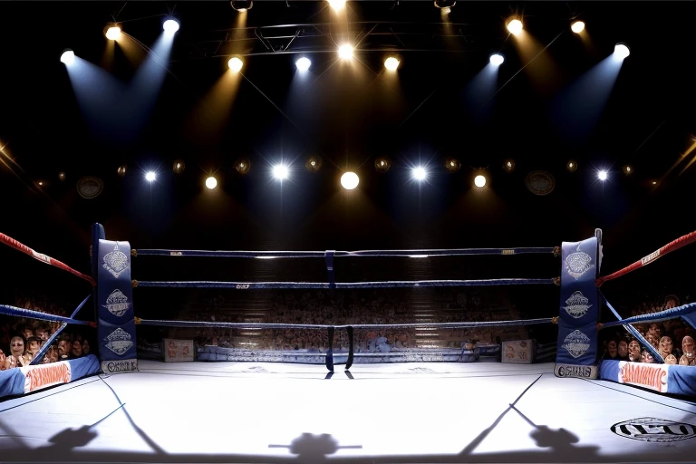 boxe ring with lights and ropes, boxe ring sol blanc coin bleu et sol blanc sol, fond d&#39;arène, Ring de boxe avec le sol blanc et les coins bleus, scene background, toile de fond Madison Square Garden, écran centrale au dessus du ring comme au madison square garden  in a boxe ring,  boxe, boxe match, scene,  projecteur, barre d&#39;background, spot et projecteur au plafond  fond dramatique, atmospheric perspective, glowing light, 8k, super detail, best quality, masterpiece