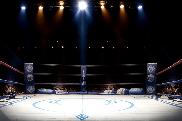 boxe ring with lights and ropes, boxe ring sol blanc coin bleu et sol blanc sol, fond d'arène, Ring de boxe avec le sol blanc et les coins bleus, scene background, toile de fond Madison Square Garden, écran centrale au dessus du ring comme au madison square garden in a boxe ring, boxe, boxe match, scene, projecteur, barre d'background, spot et projecteur au plafond fond dramatique, atmospheric perspective, glowing light, 8k, super detail, best quality, masterpiece