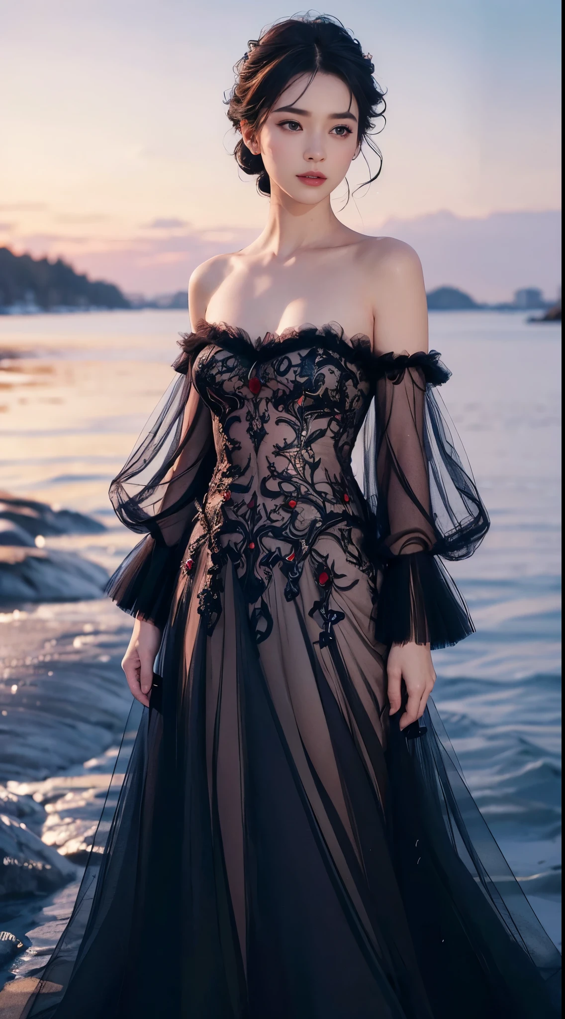 sh33rfl0r4l, long sleeves, black dress, off shoulder, bare shoulders, long dress, see-through, tulle dress,, ((cowboy shot)), ((Bare shoulder)), ((Short hemlines, sexy long legs)), realistic detailed photo of a giant breasted girl with exposed shoulders, detailed fingers, high quality skin, red eyes, alone in a winter scene with clouds, wind, and flowing hair, (best quality,4k,8k,highres,masterpiece:1.2),ultra-detailed,(realistic,photorealistic,photo-realistic:1.37),studio lighting,vivid colors